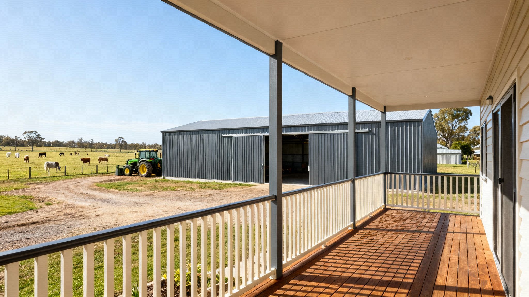 A rural farm view from a porch, showing a tractor, cows in a field, and large sheds.