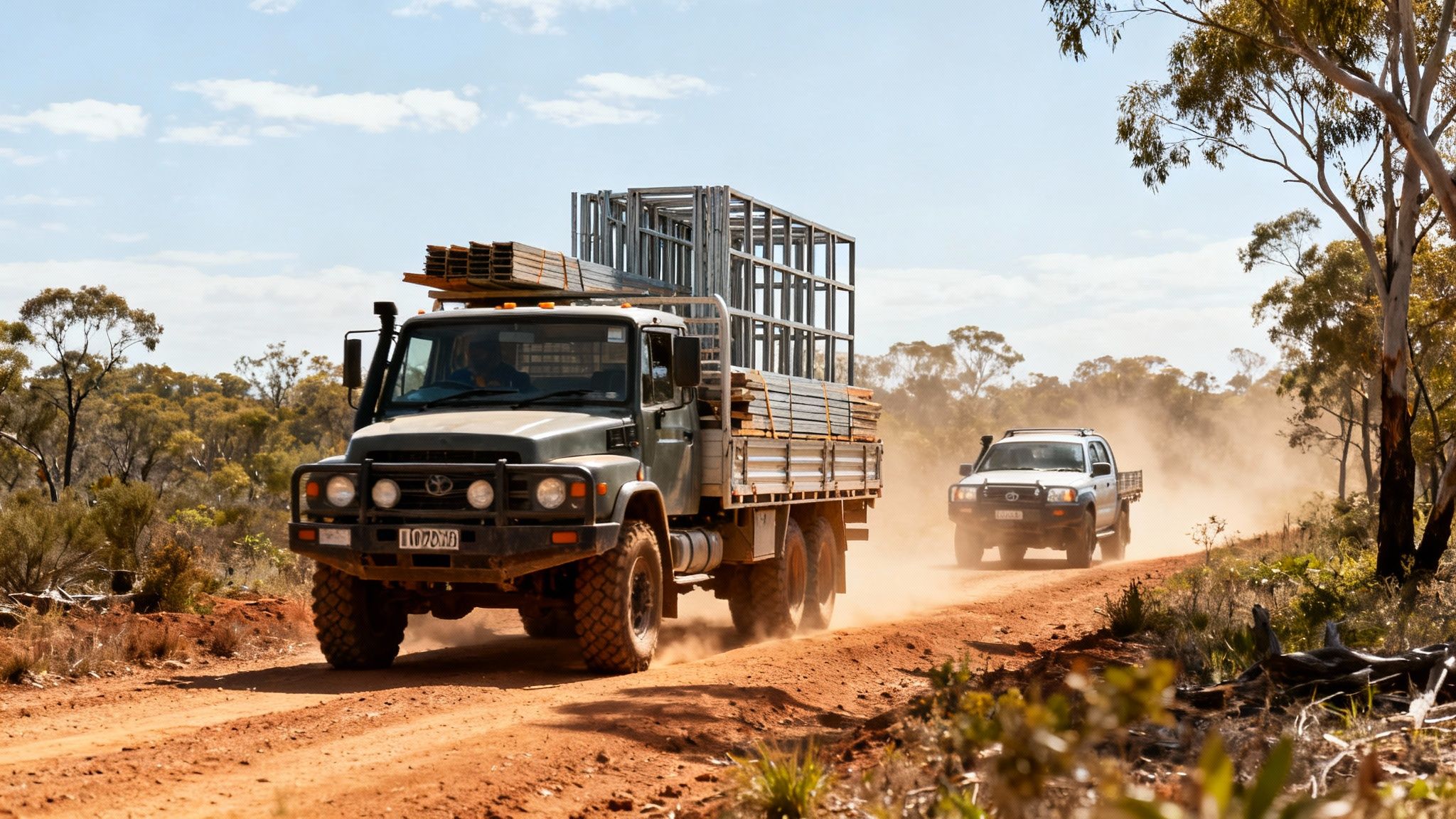 Heavy-duty truck loaded with building materials drives on a dusty outback road, followed by a pickup.