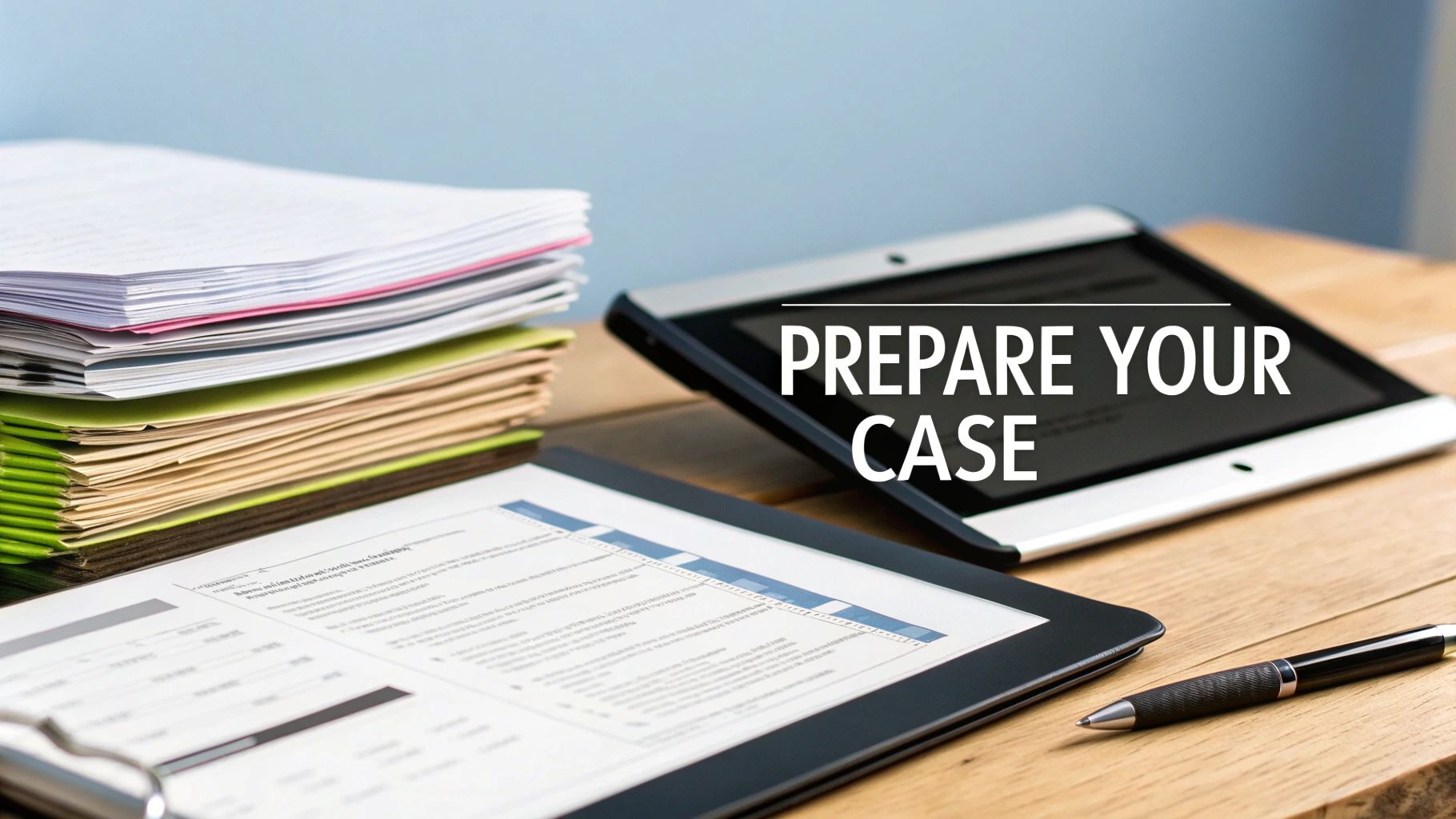 A desk with stacked files, two tablets displaying documents and 'PREPARE YOUR CASE', and a pen.