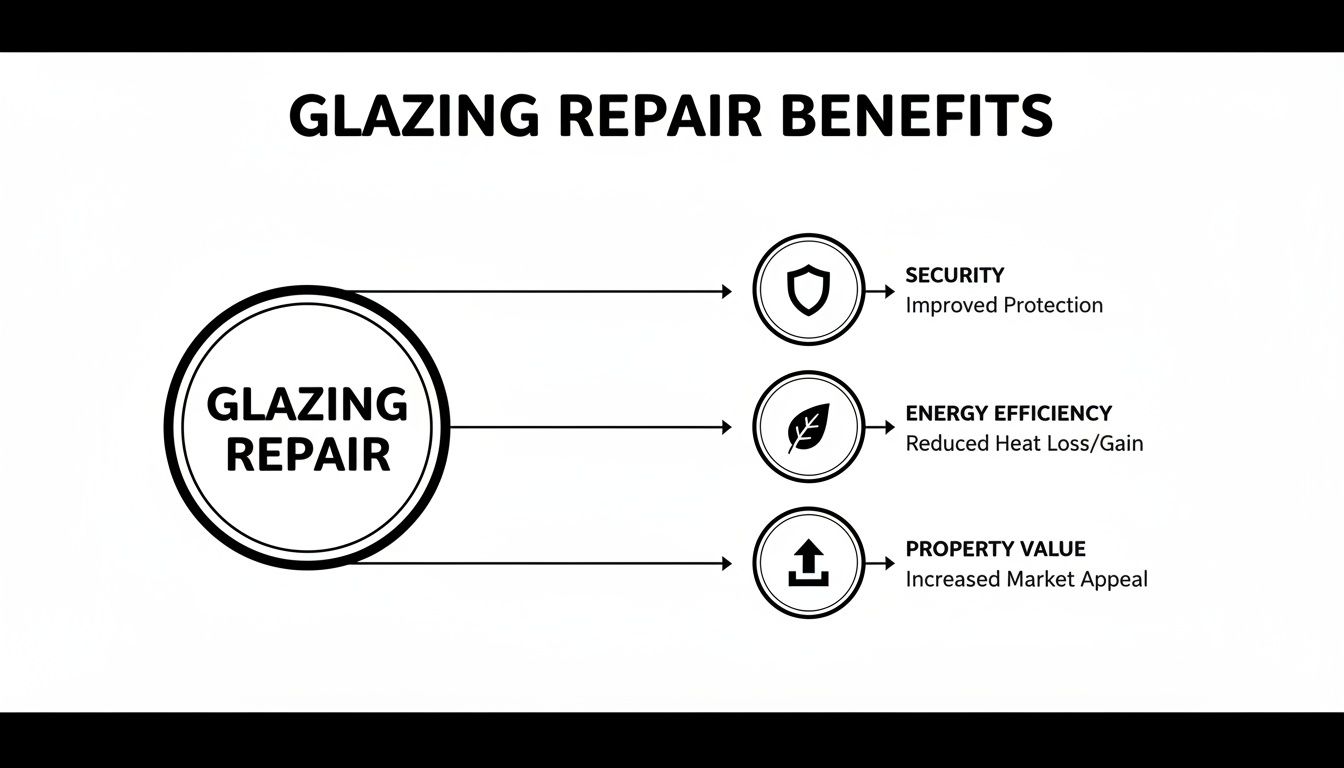 Infographic showing glazing repair benefits: improved security, energy efficiency, and increased property value.