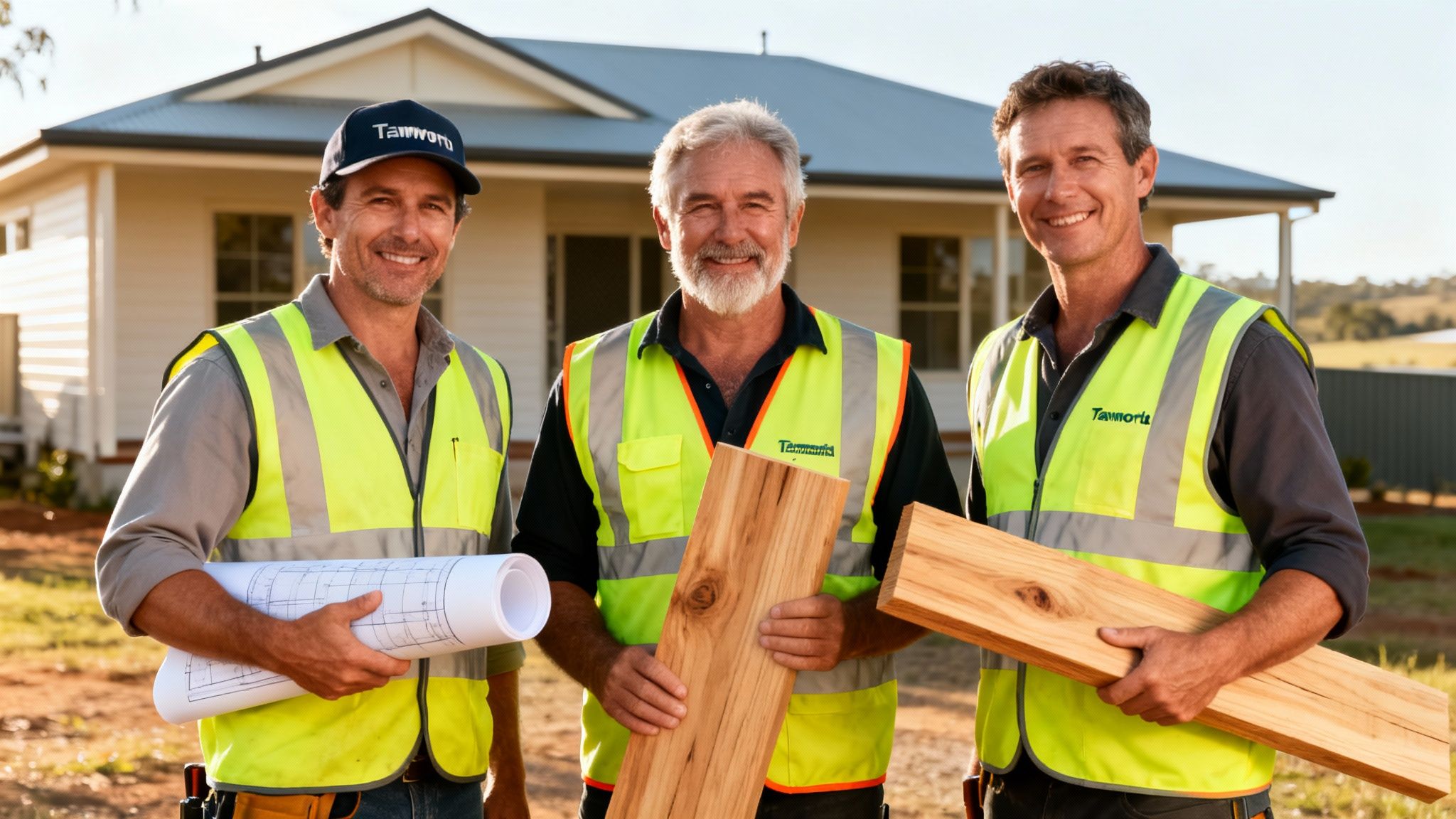 Three smiling handymen in high-vis vests and a cap, holding blueprints and lumber in front of a new house.