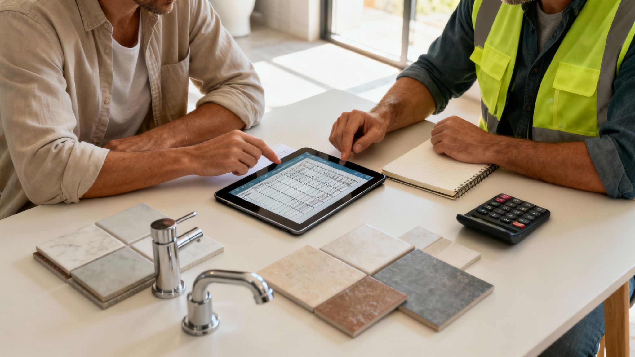 A well-lit bathroom with a calculator and blueprints on a countertop, indicating the budgeting process.