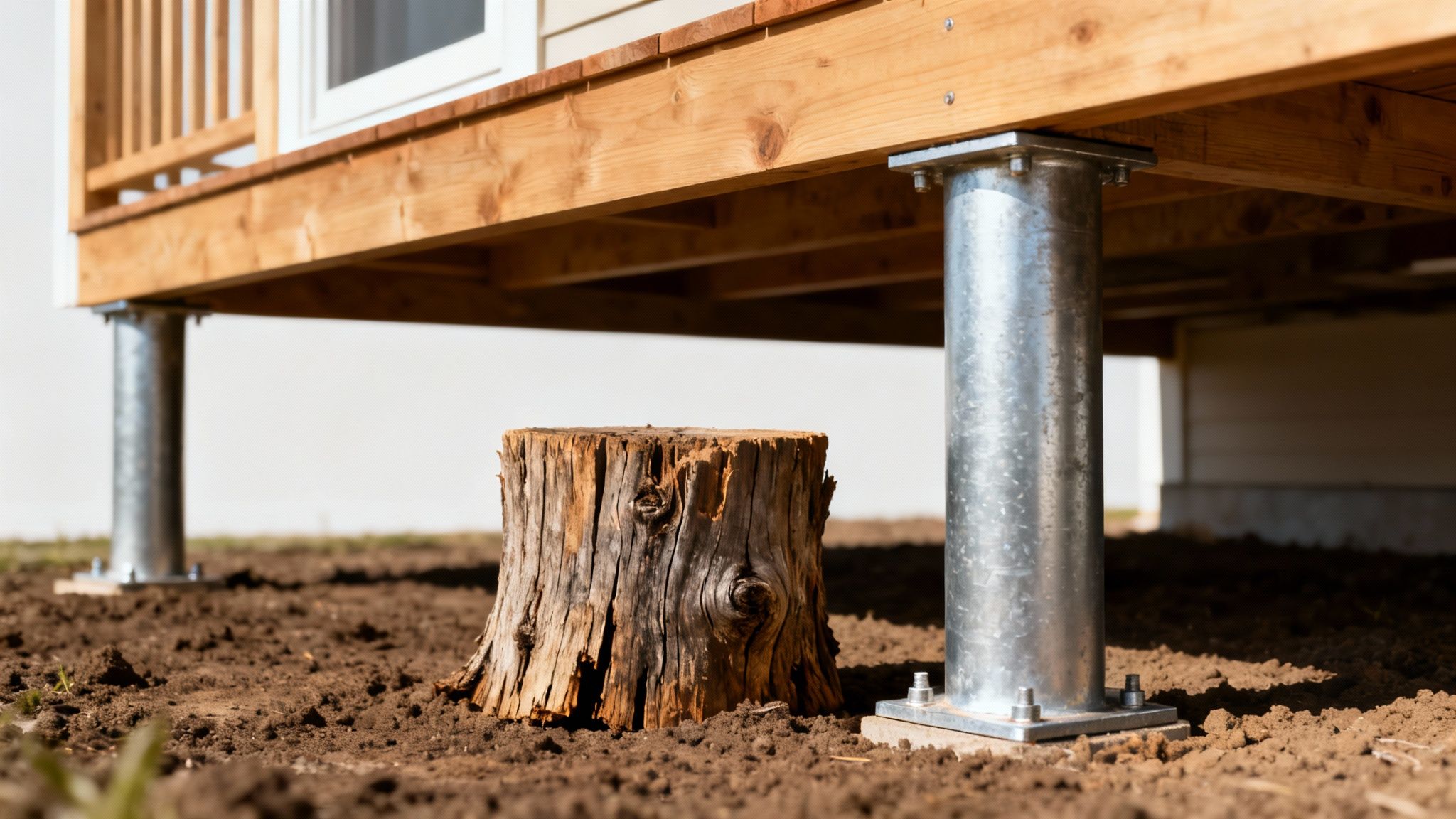 Close-up of a house foundation with new metal support posts and a weathered tree stump.