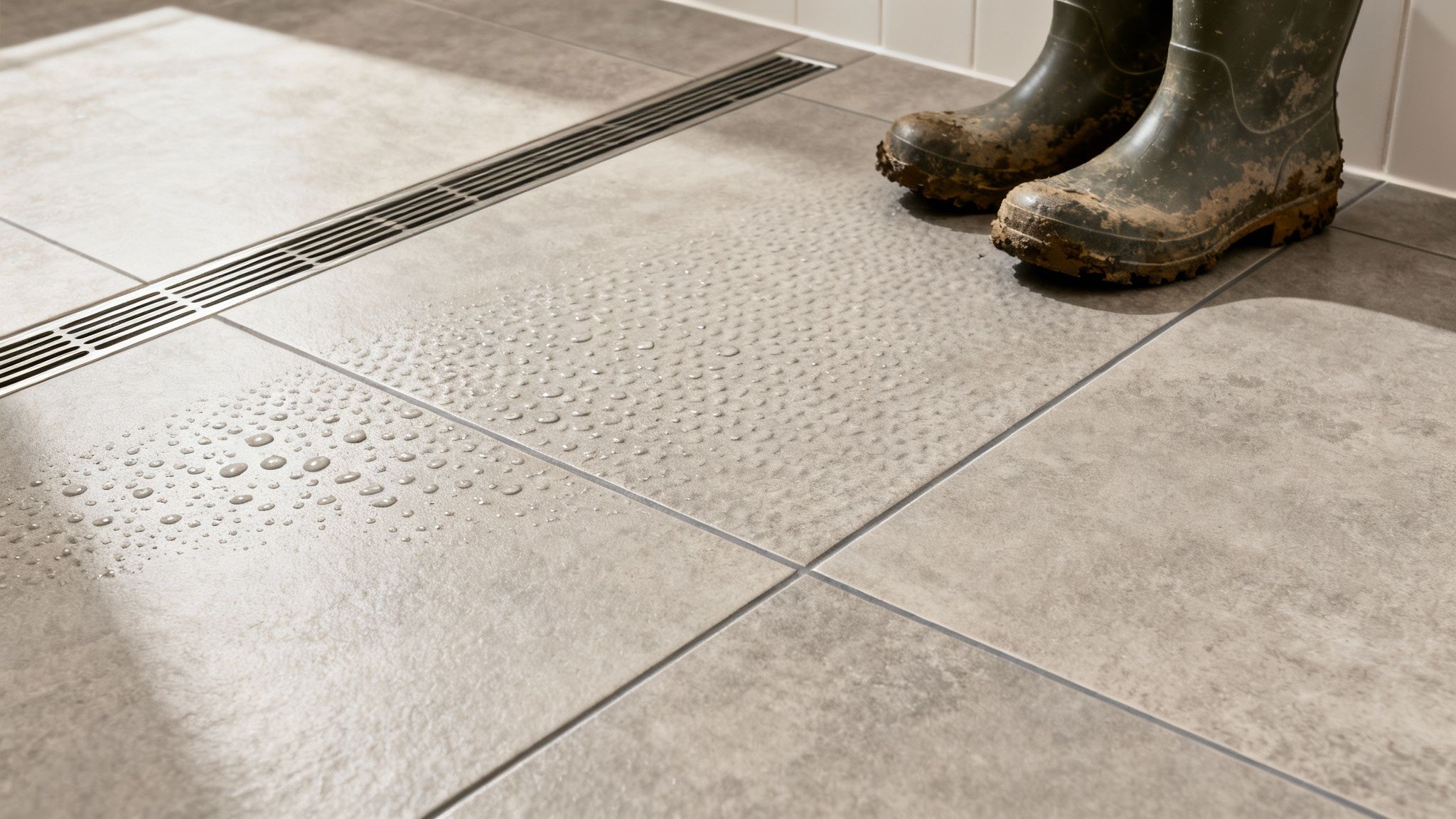 Muddy green rubber boots stand on a wet, light gray tiled bathroom floor with a linear drain.