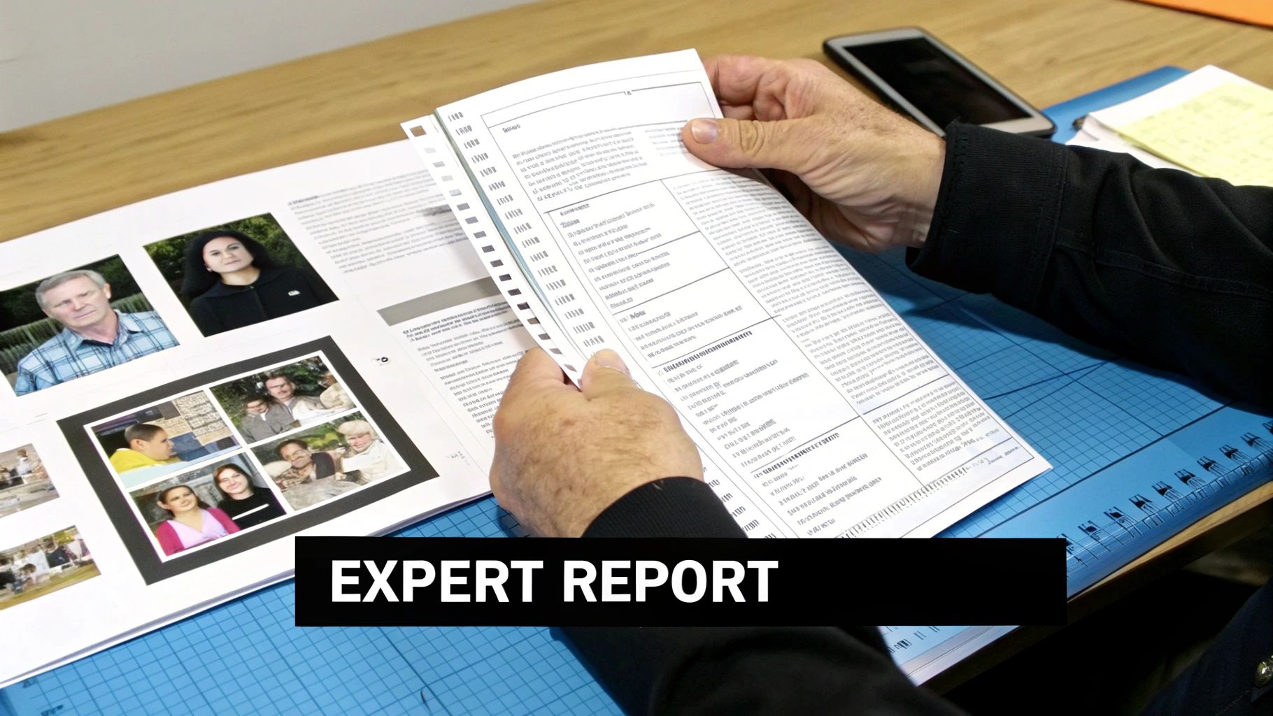 Professional reviewing expert report documents with photographs and data sheets on desk