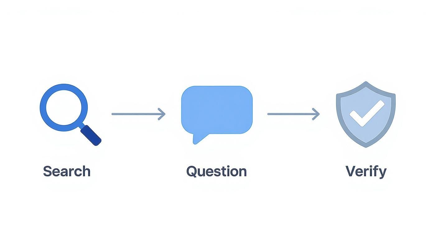 A visual process flow showing steps: Search (magnifying glass), Question (speech bubble), Verify (shield with checkmark).