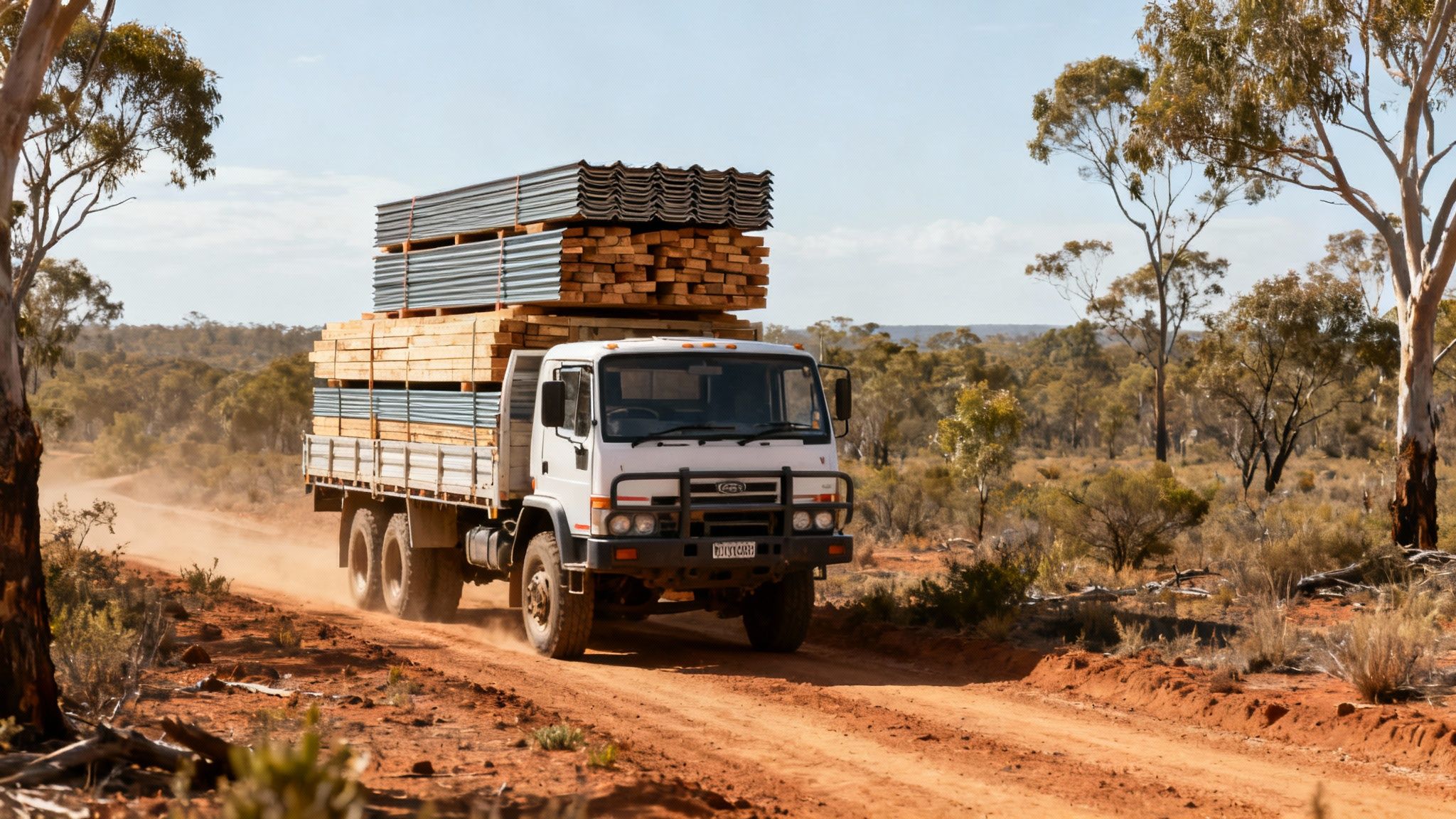 A large white truck loaded with building materials drives on a dusty red dirt road through a rural landscape.