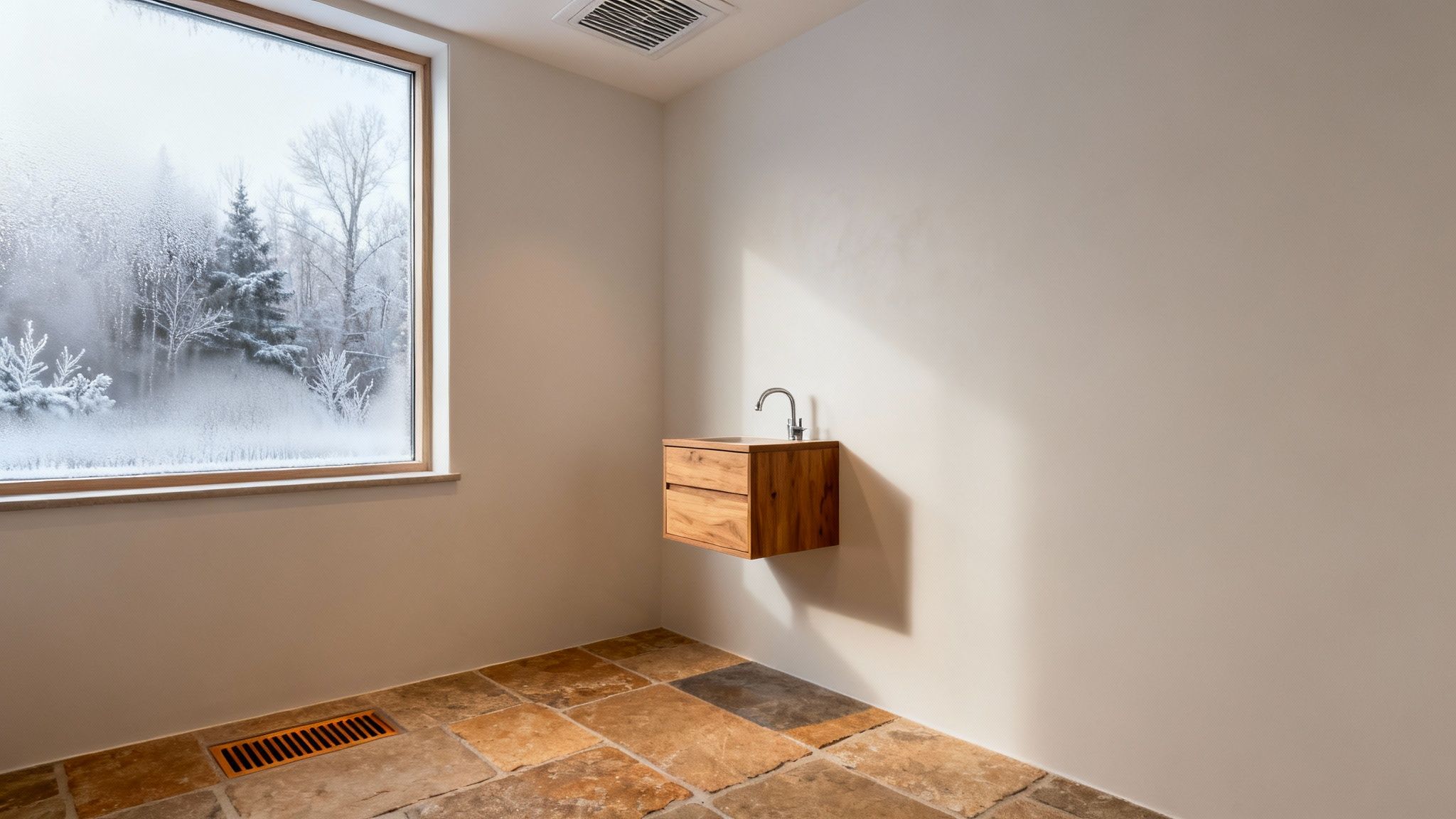 A minimalist bathroom with a floating wooden vanity, rustic stone tiles, and a window revealing a snowy forest.