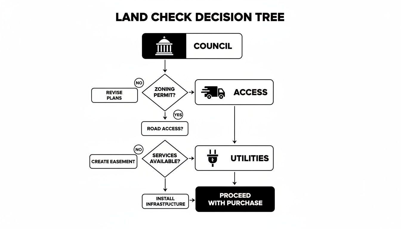 A land check decision tree flowchart outlining steps for zoning permits, road access, services, and utilities before property purchase.