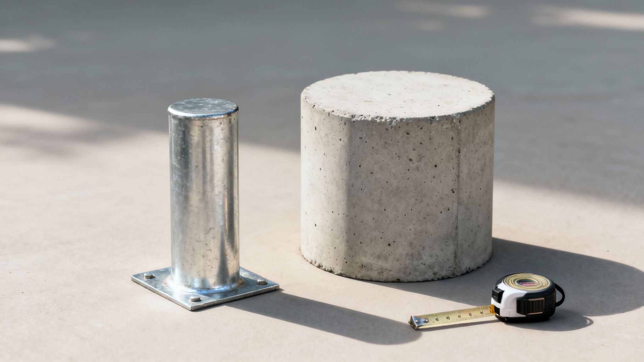 A concrete cylinder, a metal post with a square base, and a measuring tape on a light surface.