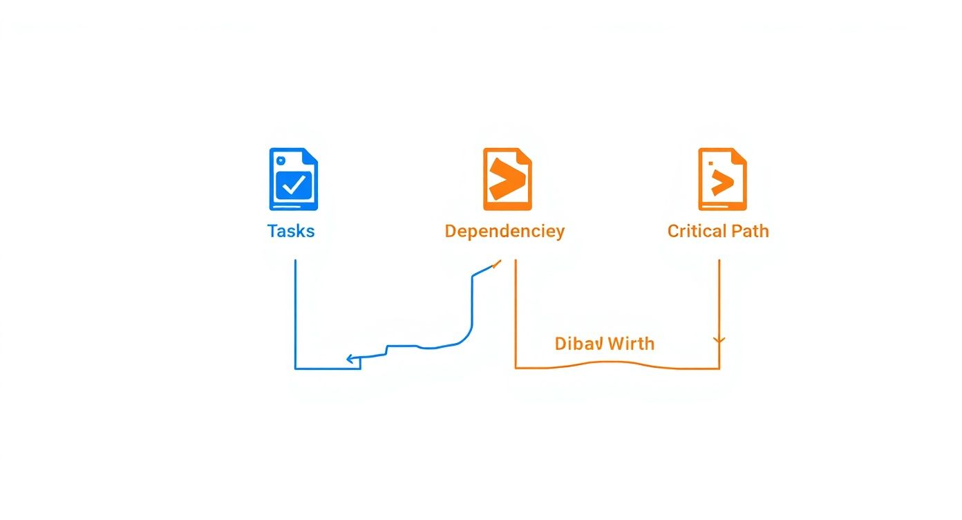 A diagram illustrating project management concepts: tasks, dependencies, and critical path, with connecting lines.