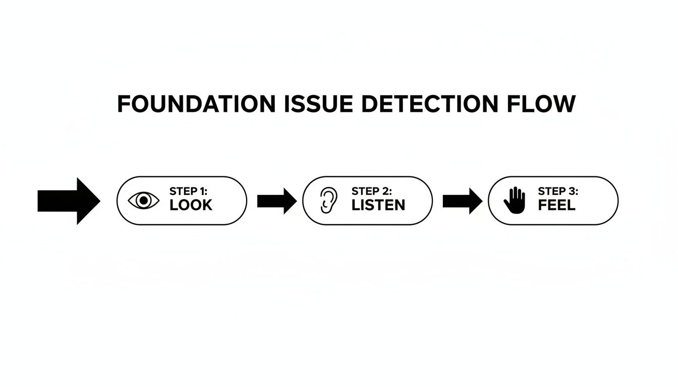 A flow chart illustrating a three-step foundation issue detection process: Look, Listen, Feel.