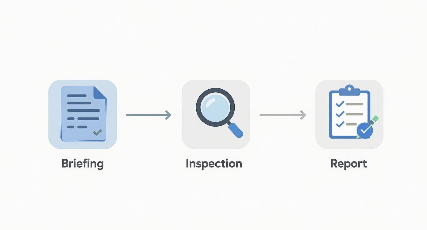 Three-step building inspection process workflow showing briefing document, magnifying glass inspection, and completed checklist report