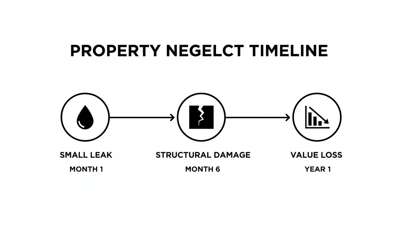 Timeline illustrating how property neglect leads from a small leak to structural damage and value loss.
