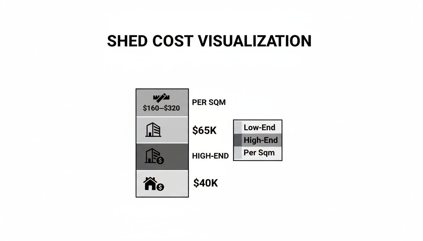 A visualization illustrating shed building costs, detailing per square meter rates and total costs for different tiers.
