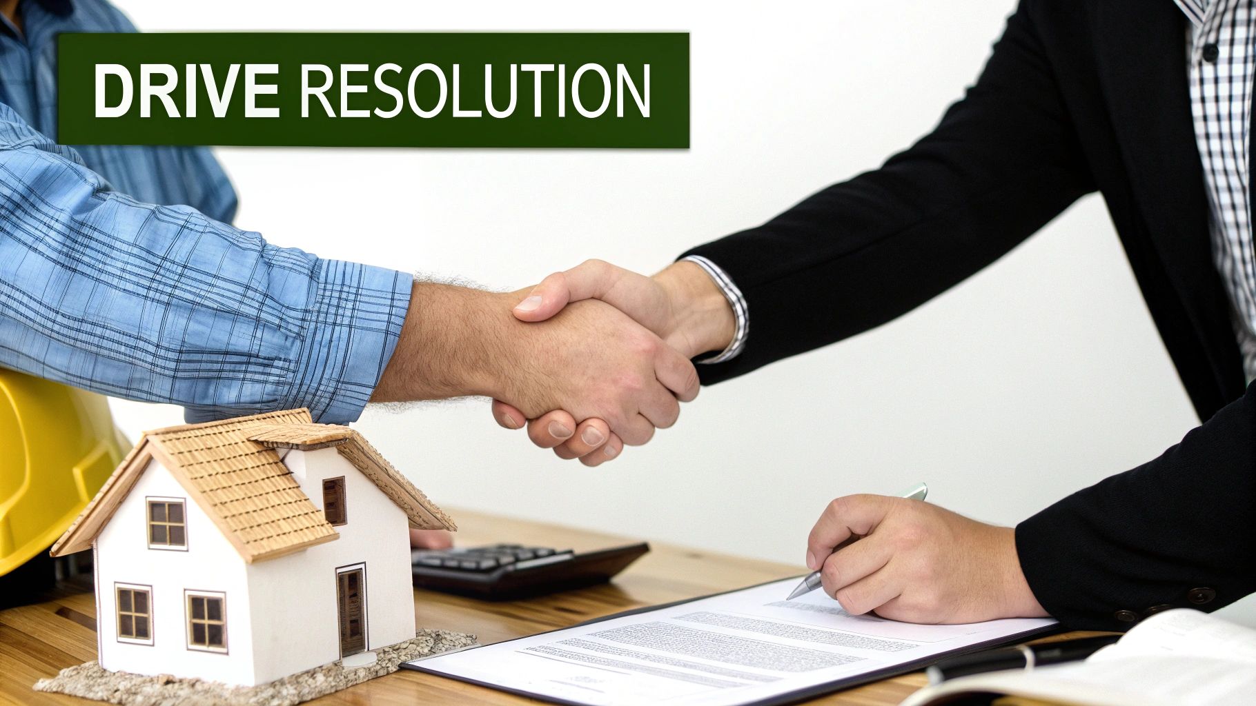 Two men, a builder and a professional, shake hands over a miniature house and contract.
