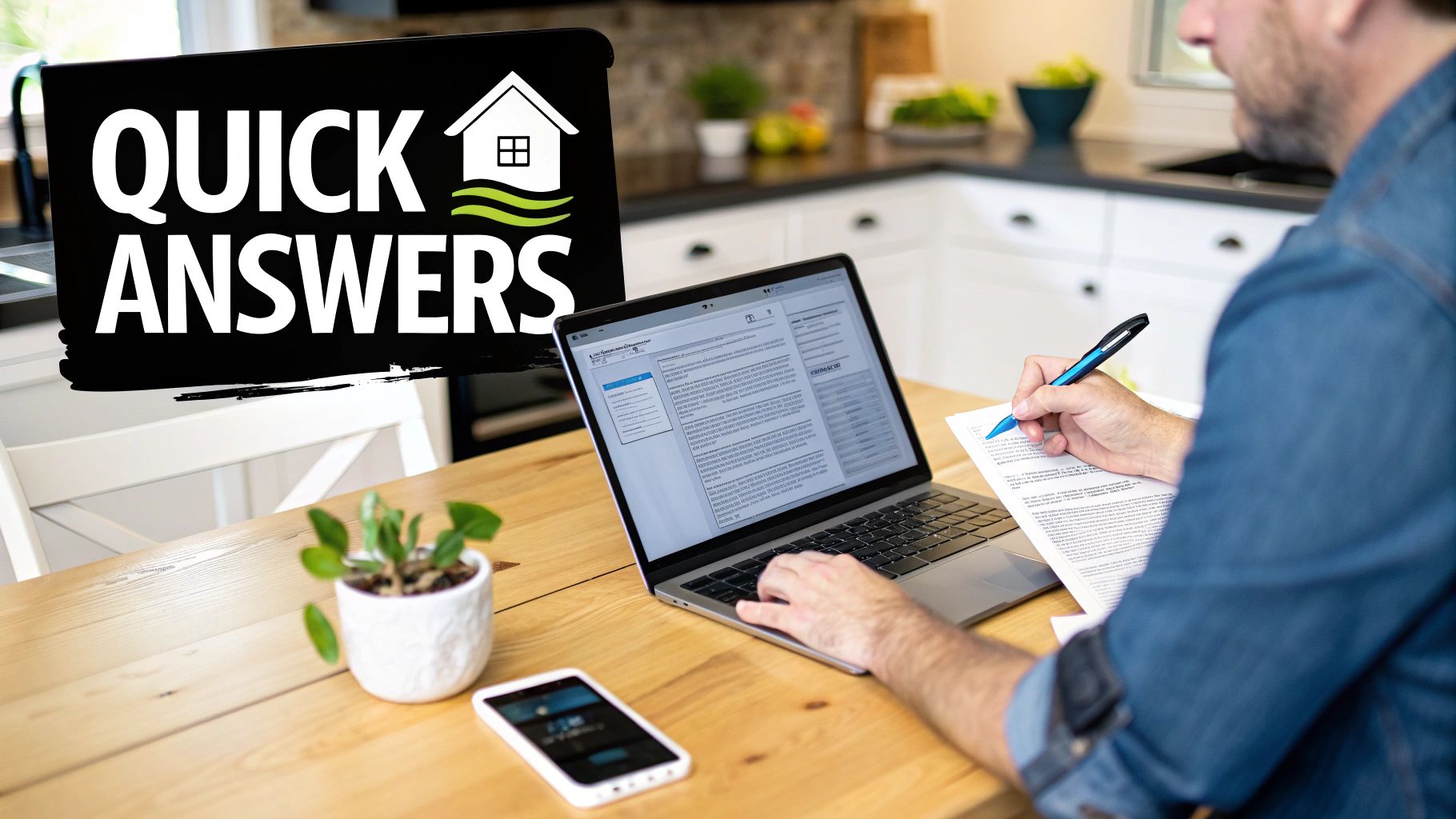Man working at a desk with a laptop and pen, next to a 'Quick Answers' display about a house.
