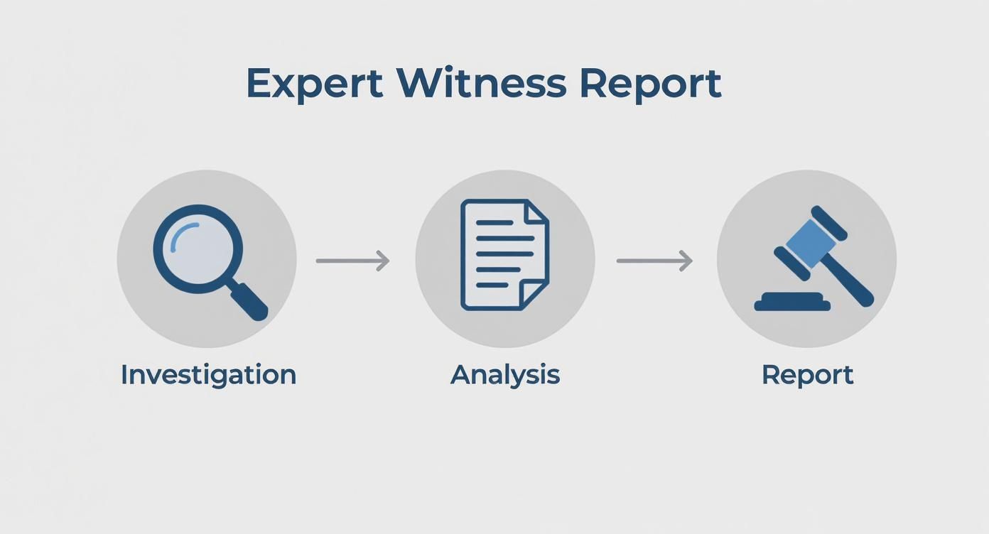 Infographic showing the three-step process of creating an expert witness report Investigation, Analysis, and Report.