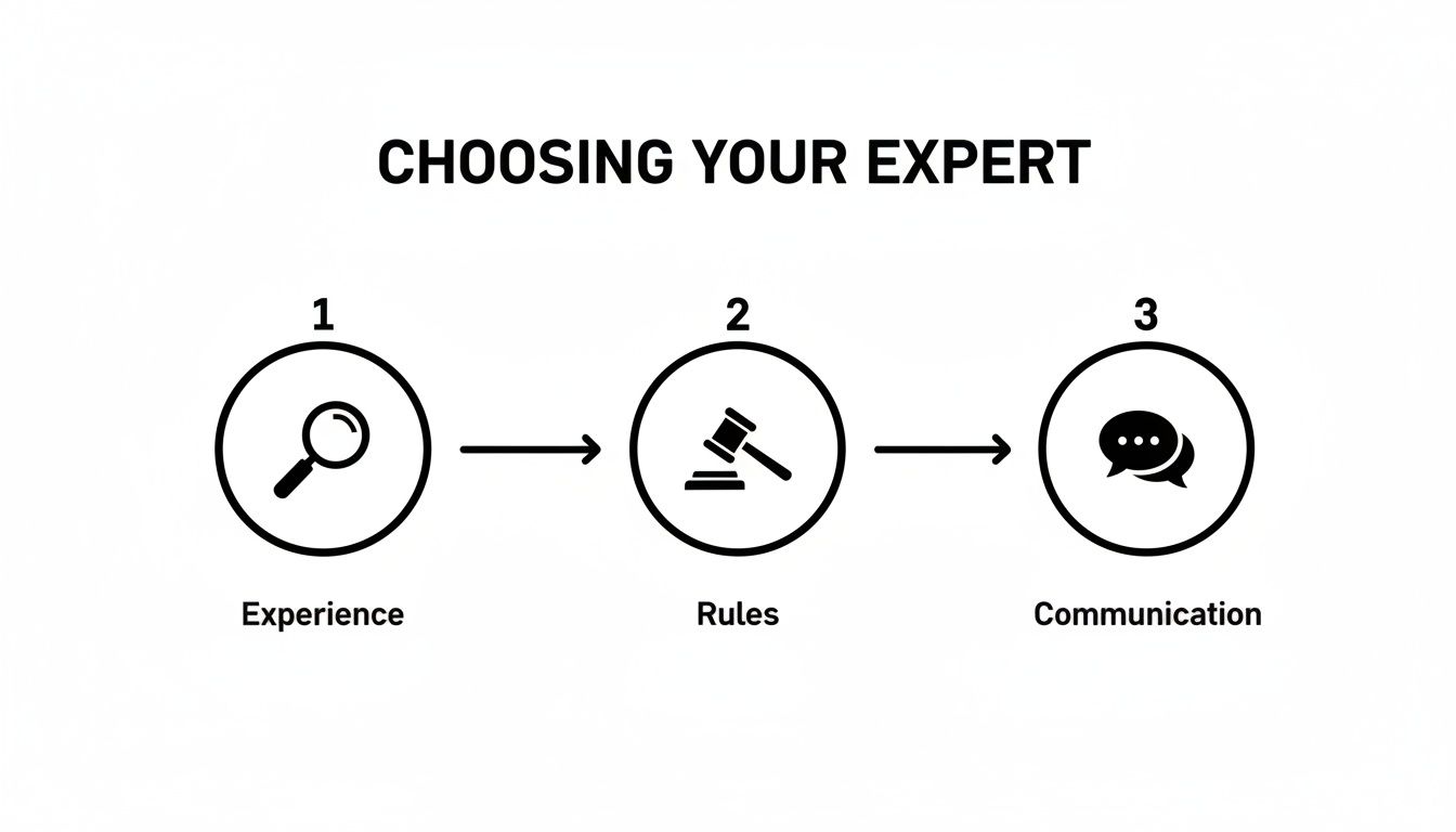 A diagram illustrating three key steps for choosing an expert: Experience, Rules, and Communication.