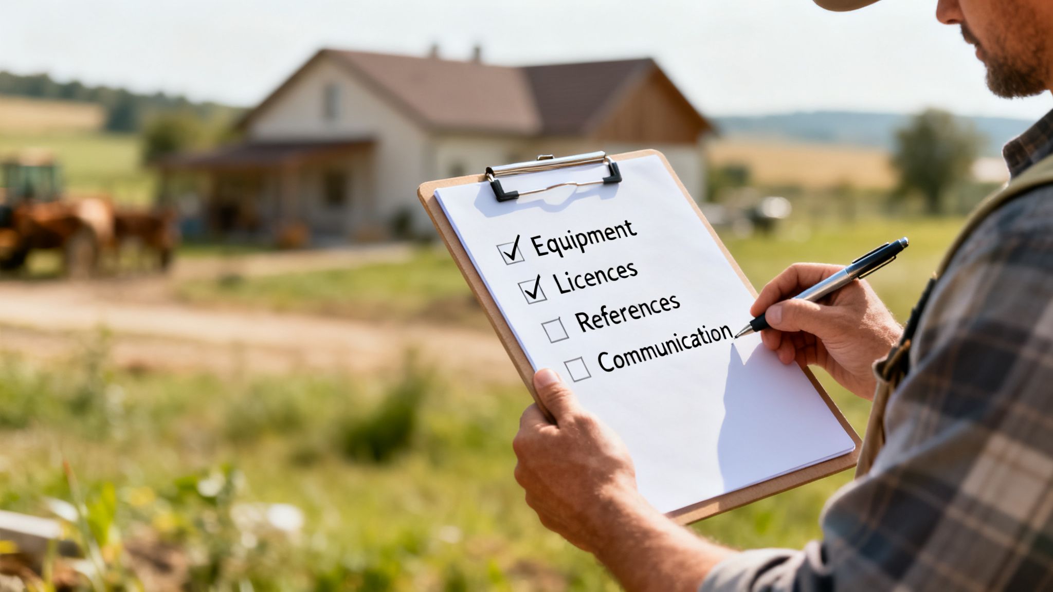 A farmer checks a checklist on a clipboard outdoors, with 'Equipment' and 'Licences' completed.