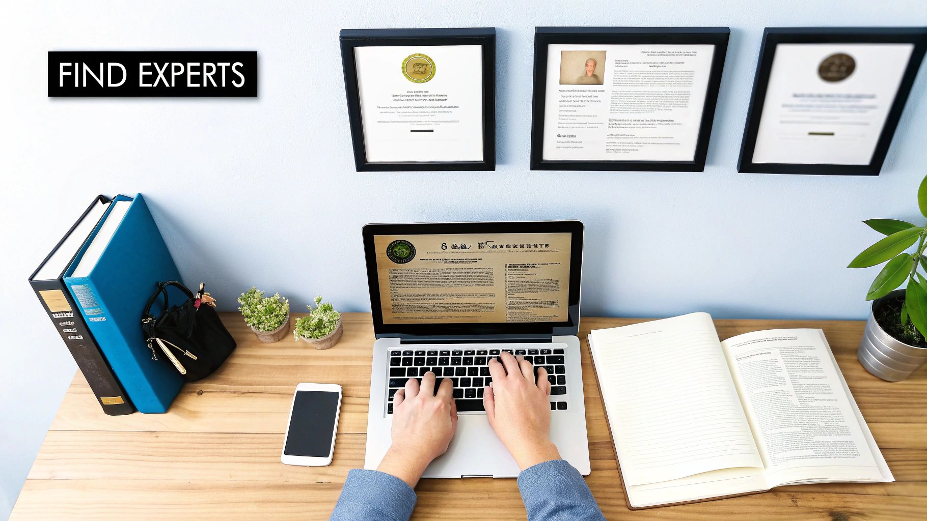 A person typing on a laptop at a desk, surrounded by books, plants, and framed expert certificates.