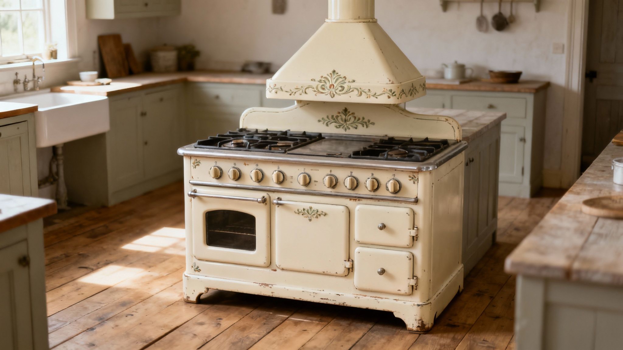 Vintage cream colored range stove with ornate hood in rustic farmhouse country kitchen interior