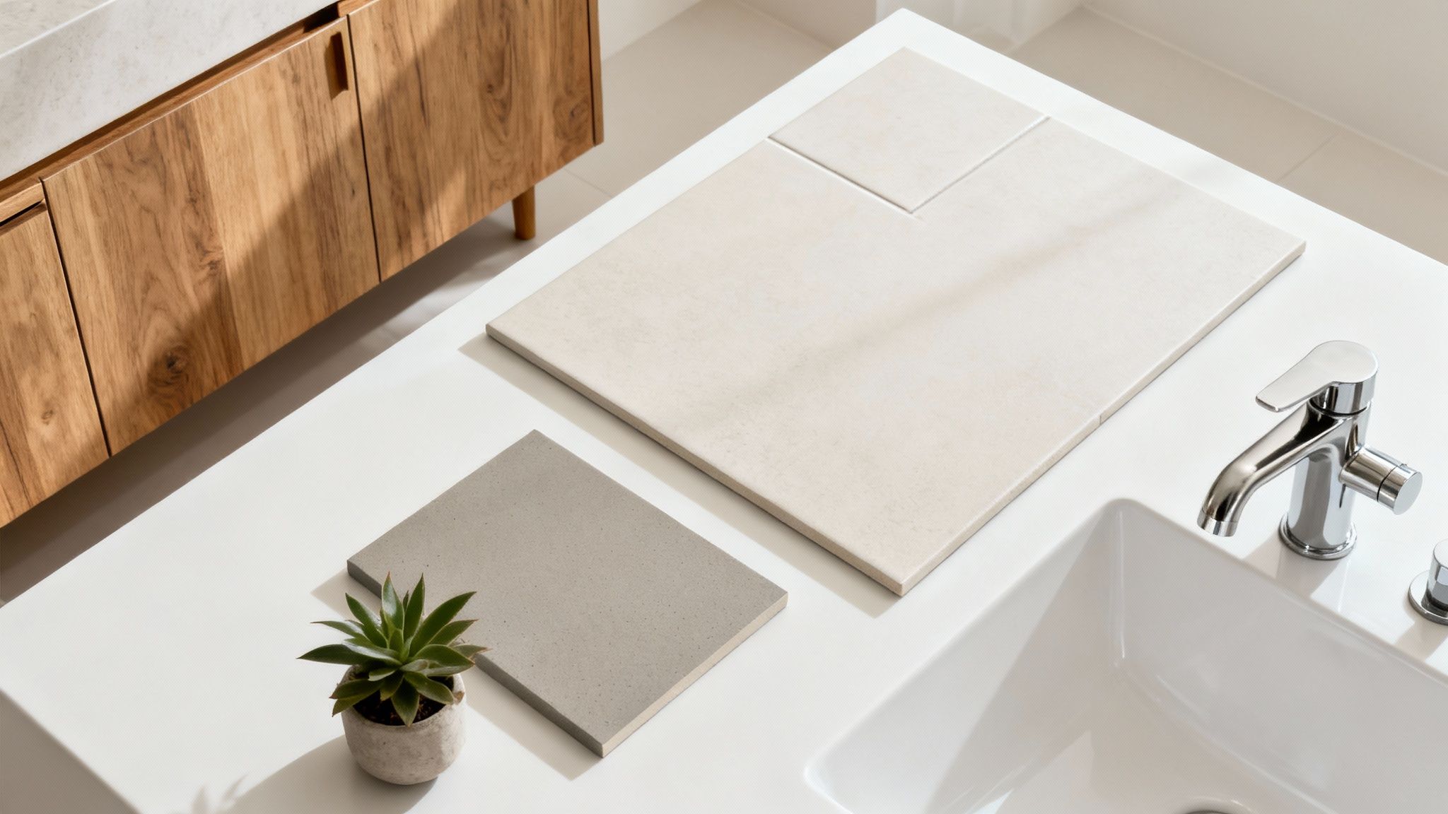 A modern bathroom vanity with a wooden cabinet, white sink, chrome faucet, tile samples, and a succulent.