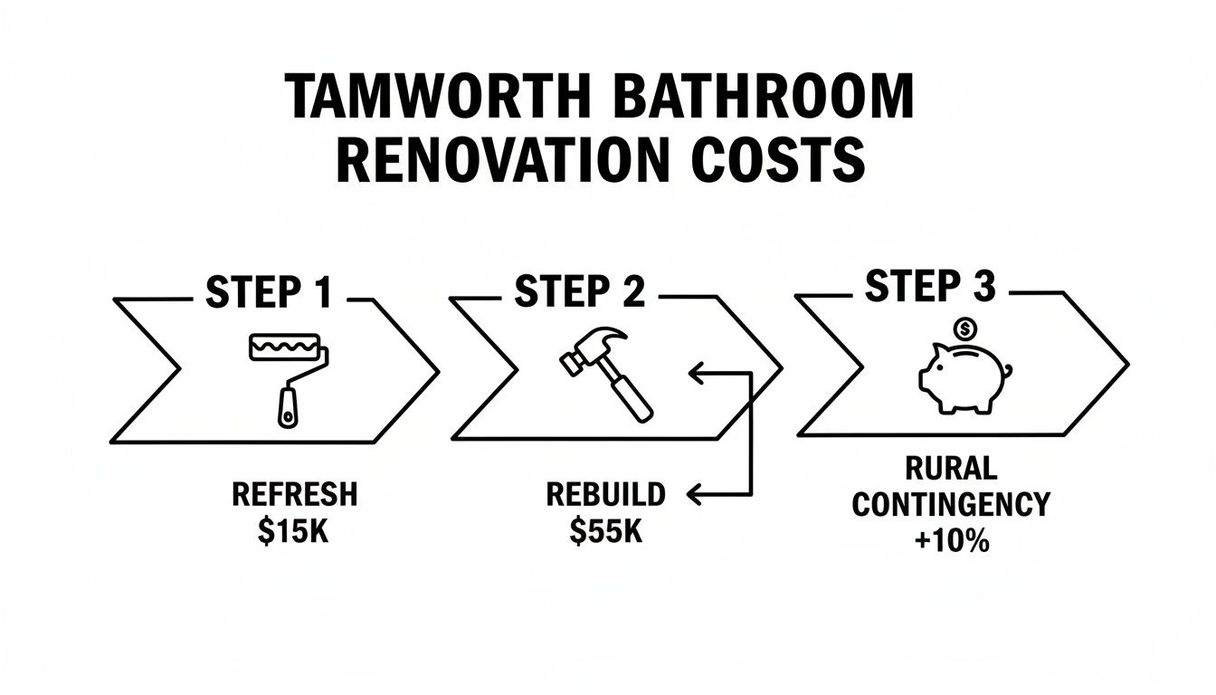 An infographic outlining Tamworth bathroom renovation costs: Refresh $15K, Rebuild $55K, and 10% Rural Contingency.