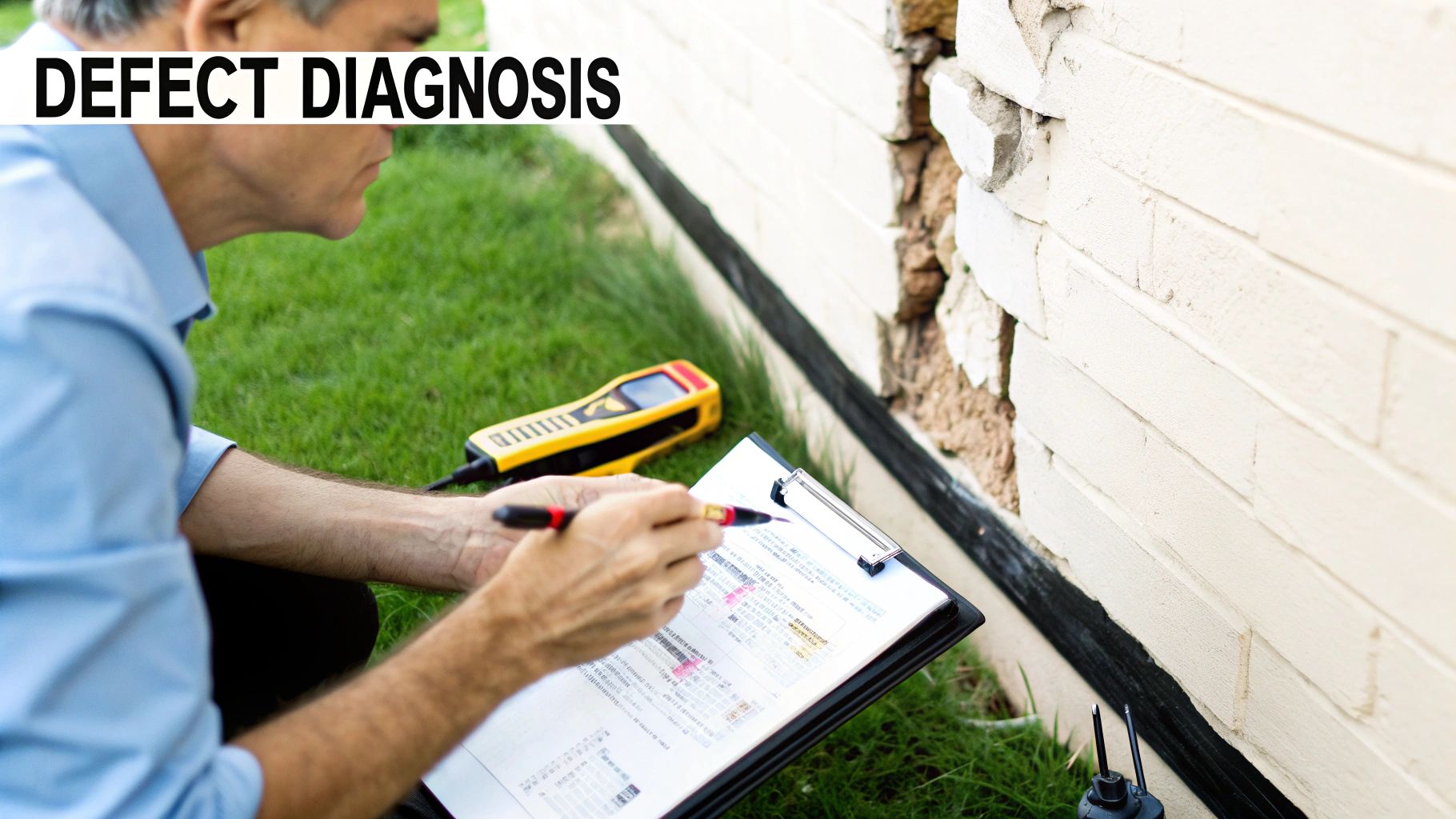 A building consultant diagnoses defects, taking notes on a clipboard next to a damaged brick wall.