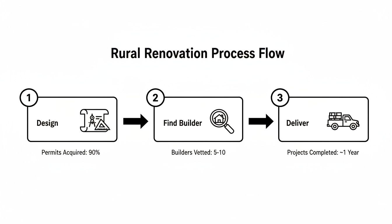 A rural renovation process flow diagram with three steps: design, find builder, and deliver, with key metrics.