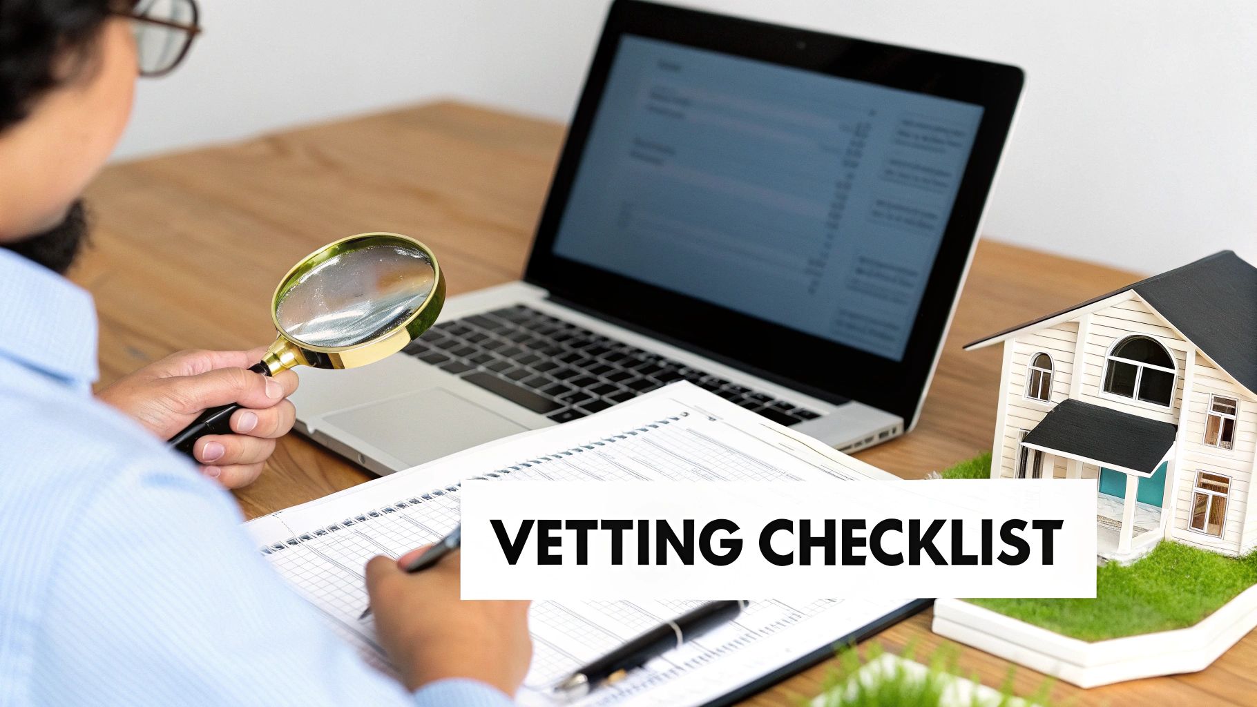 Person reviewing a vetting checklist and property documents with a magnifying glass and laptop.