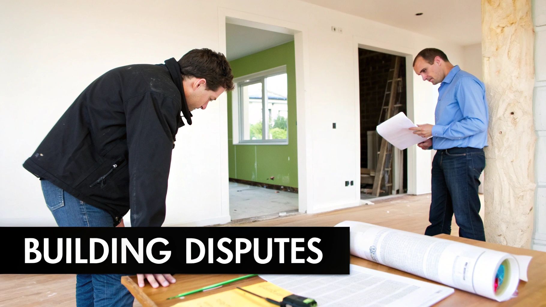 A tense conversation between a homeowner and a builder on a construction site, illustrating a building dispute.