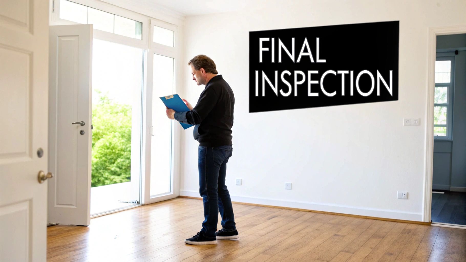 A person conducting a final property inspection, checking fixtures and fittings with a clipboard.