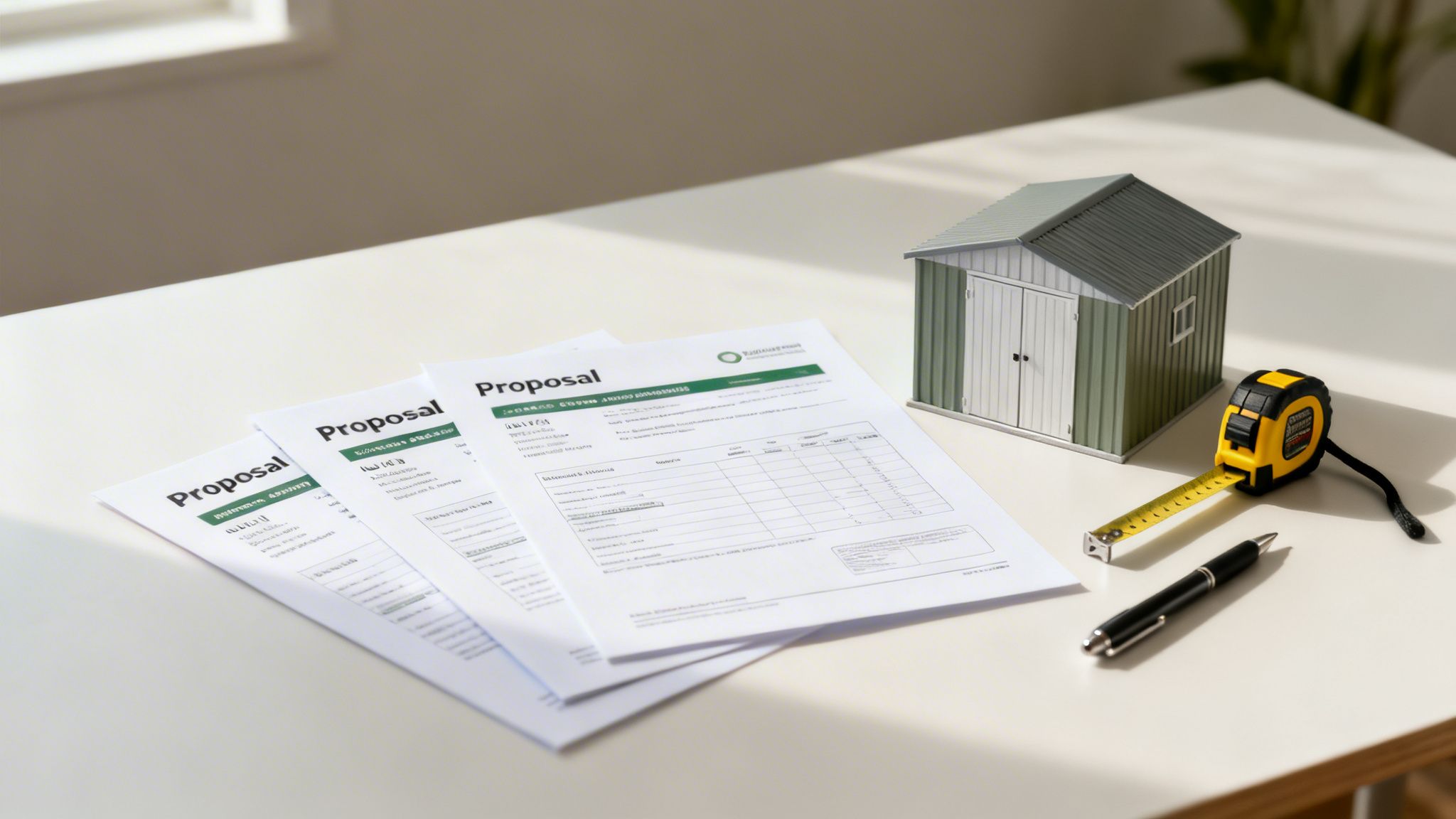 Proposal documents, a model shed, tape measure, and pen on a white desk for construction planning.