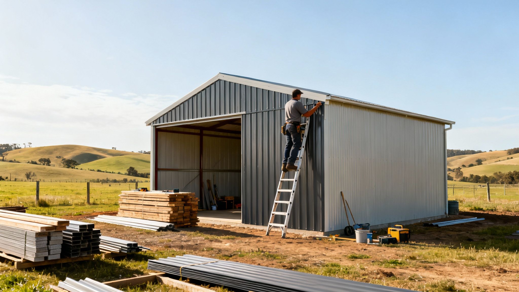 Man on ladder working on a newly built metal shed surrounded by construction materials.