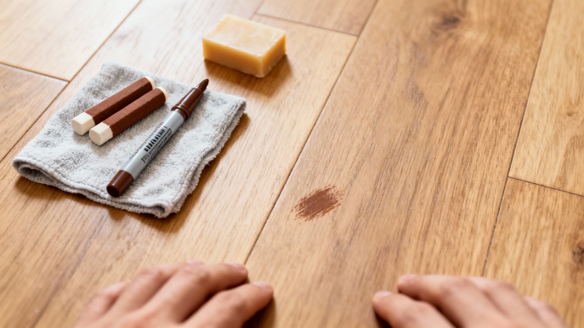 Hands preparing to repair a brown scratch on a light wooden floor with a marker and wax sticks.