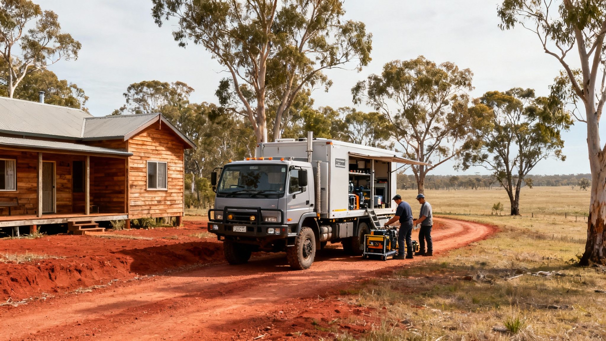 Two men operate equipment near a specialized grey truck outside a rustic wooden cabin on a red dirt road.