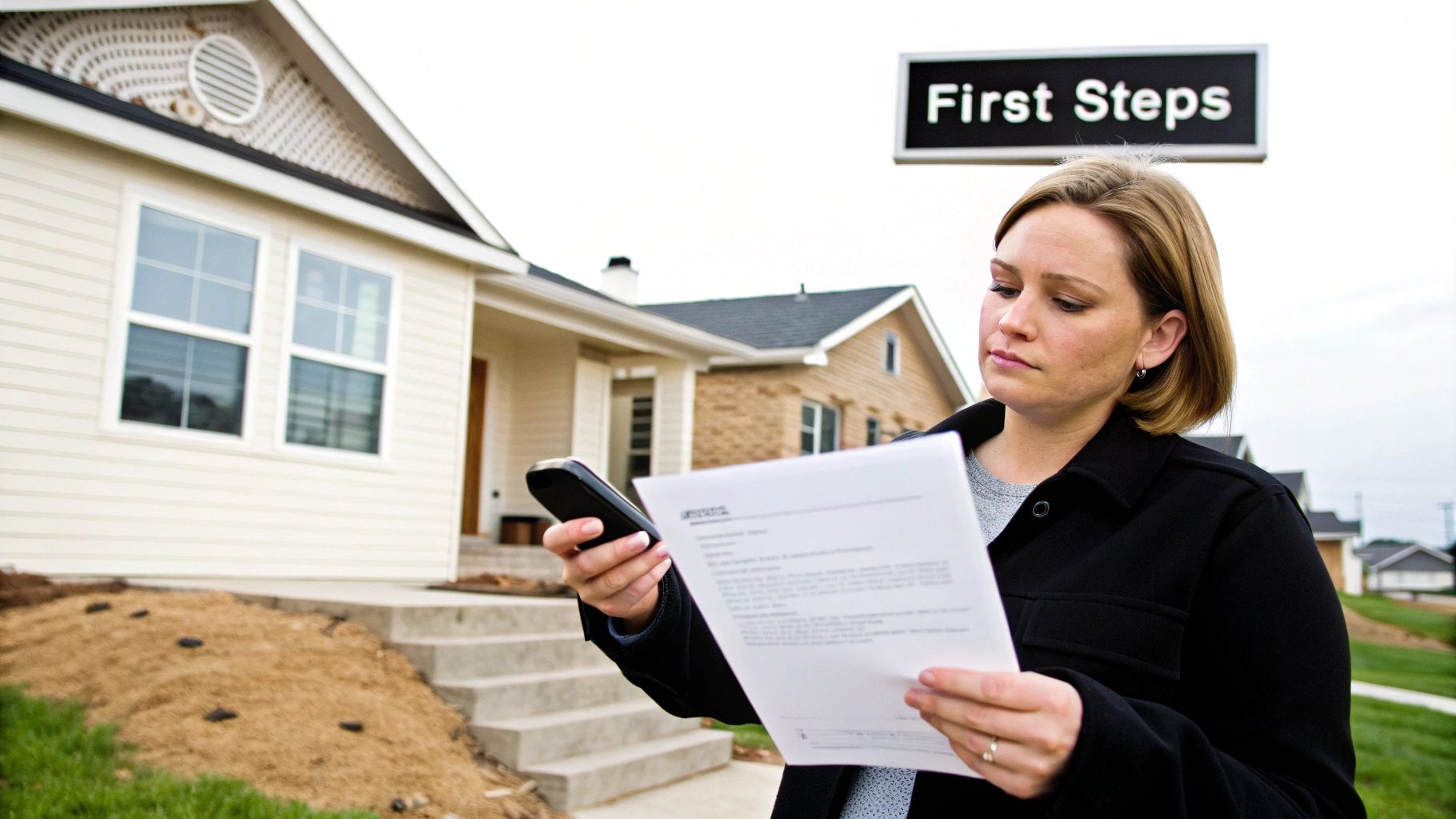 A concerned woman holds a phone and documents in front of new homes with a "First Steps" sign.