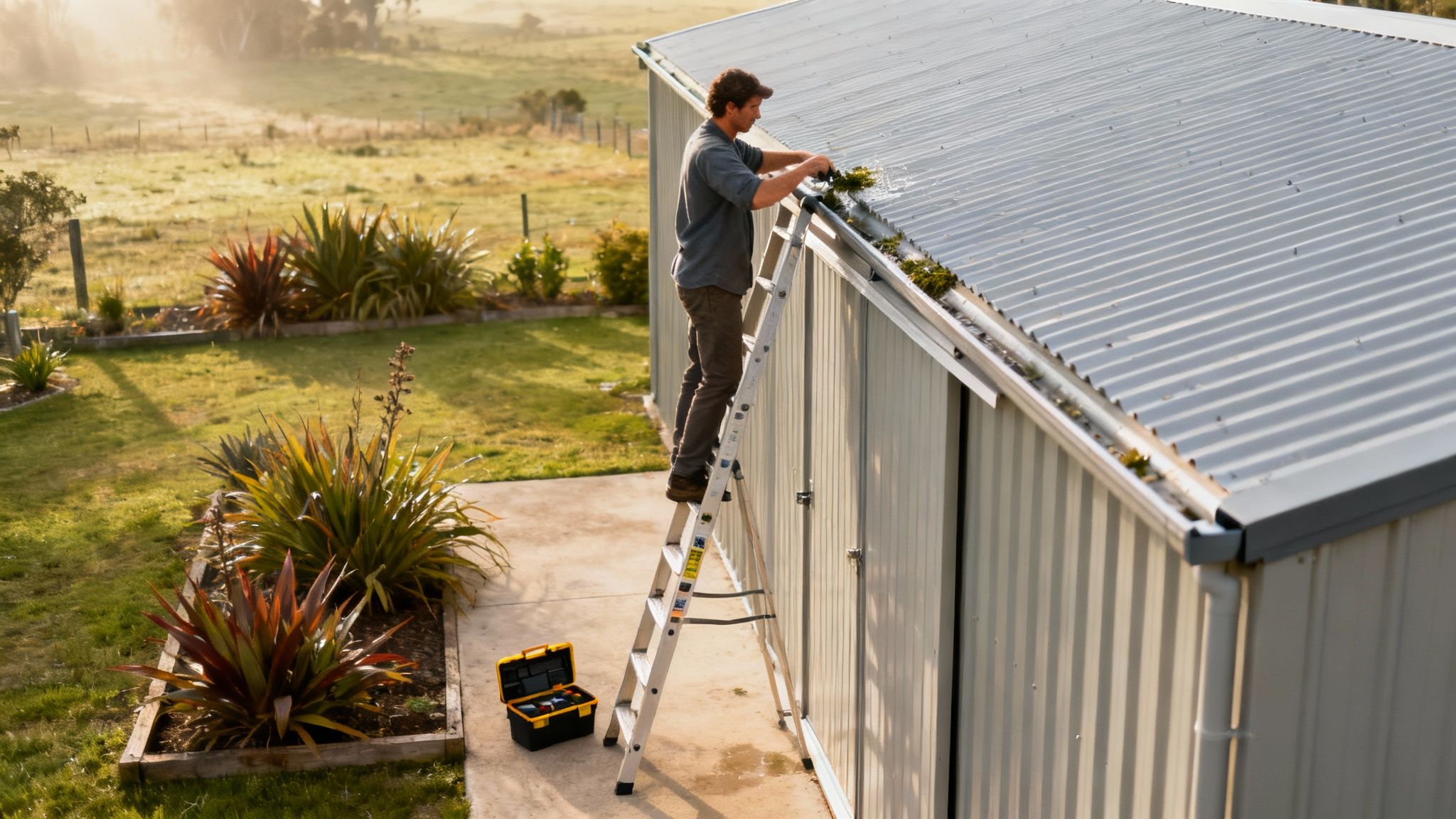 A well-maintained rural shed in a green field with a clear blue sky.