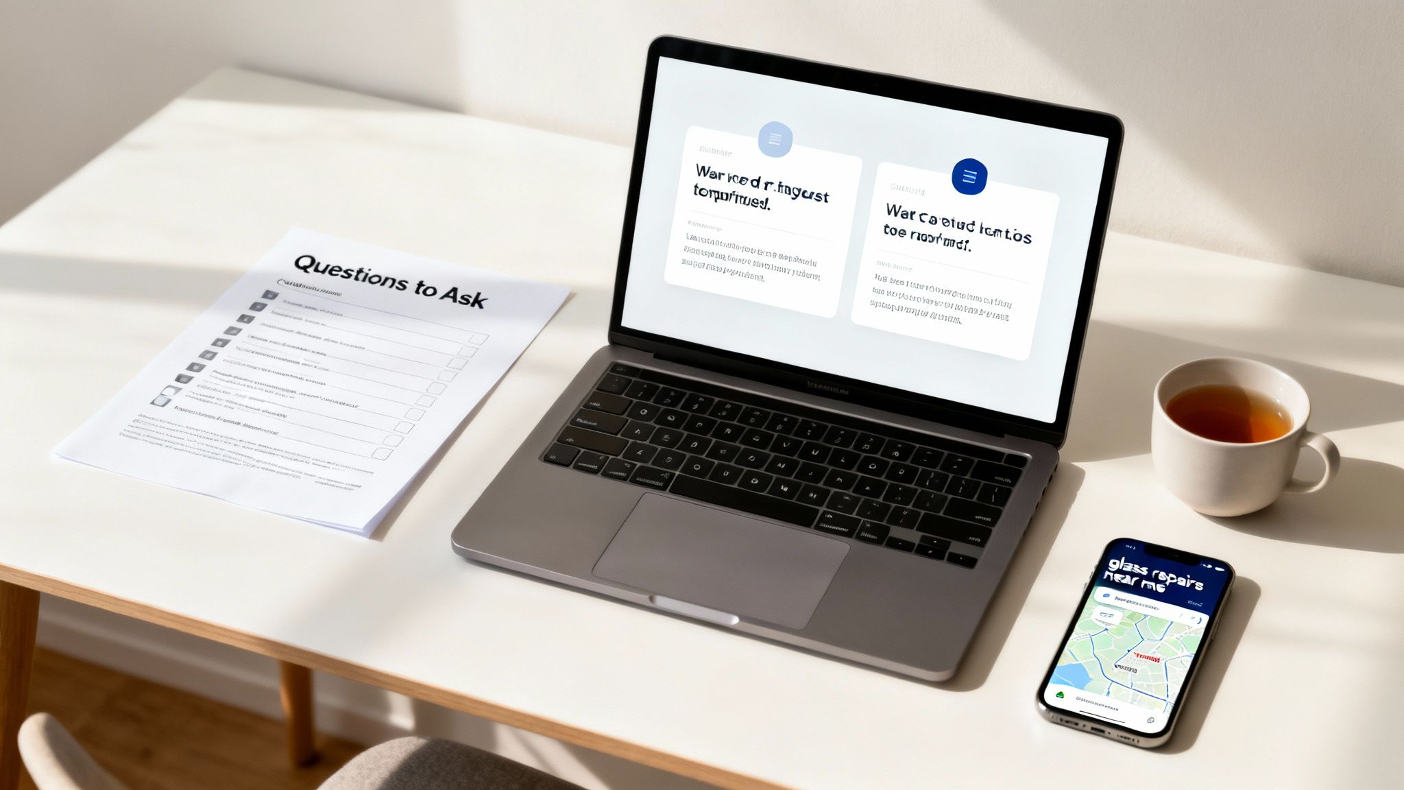 A desk with a laptop, document, tea mug, and a smartphone showing 'glass repairs near me' app.