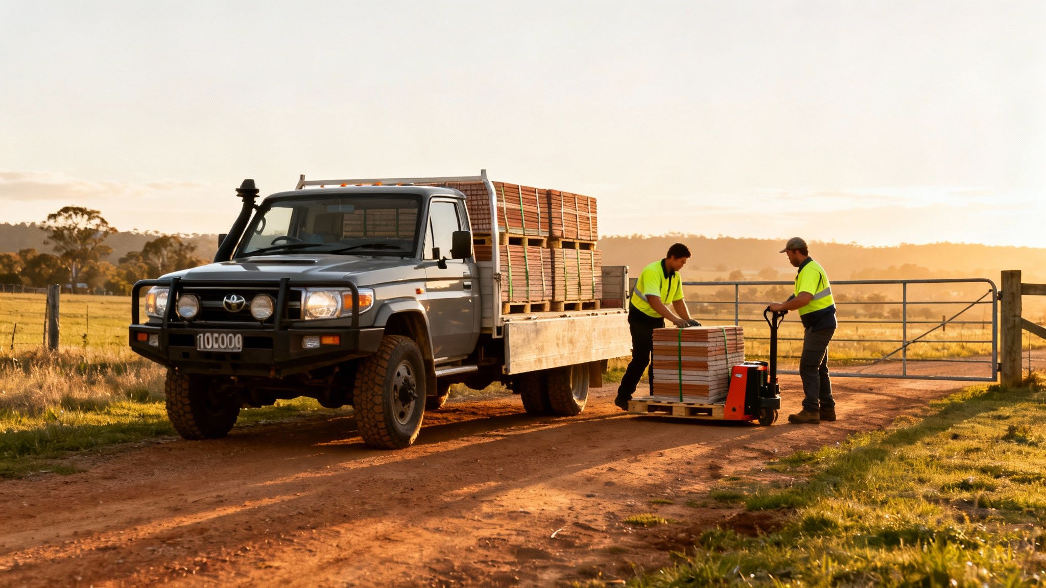 Two tilers in high-visibility vests unload tile pallets from a grey truck with a pallet jack at sunset.