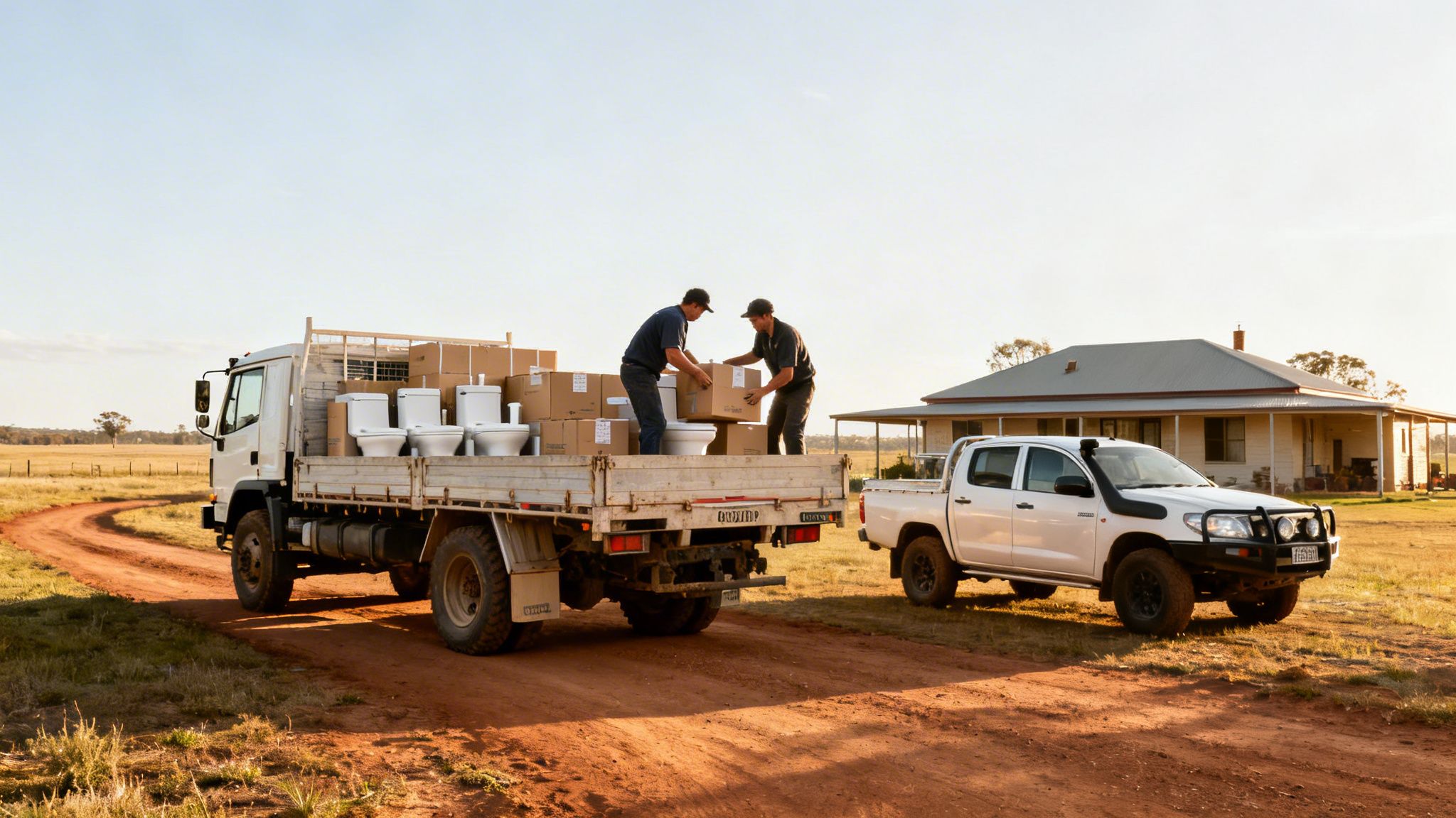Workers unload new toilets and renovation supplies from a truck at a rural home.