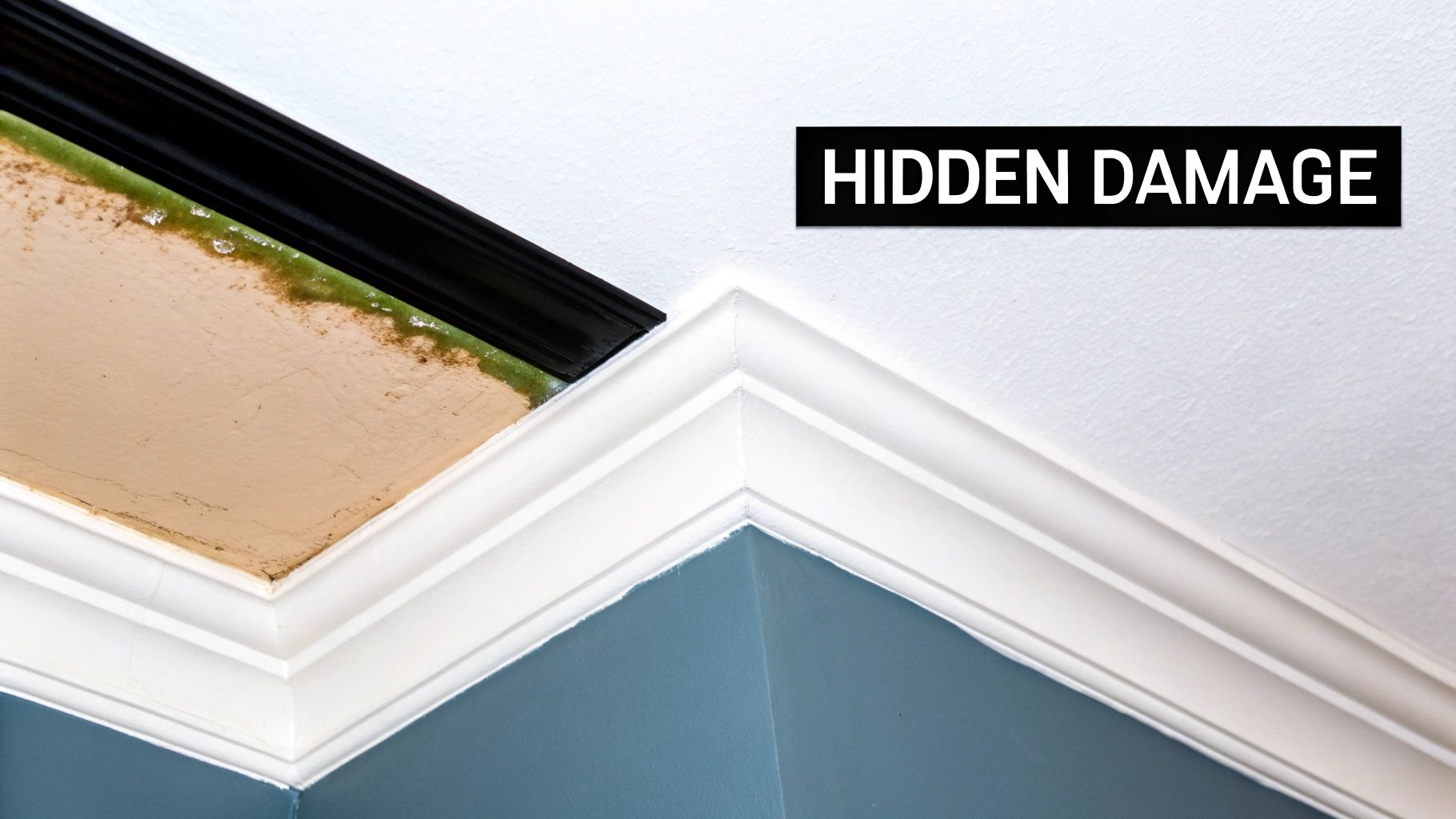 Ceiling corner revealing water damage, peeling paint, and green mold behind crown molding, labeled 'HIDDEN DAMAGE'.