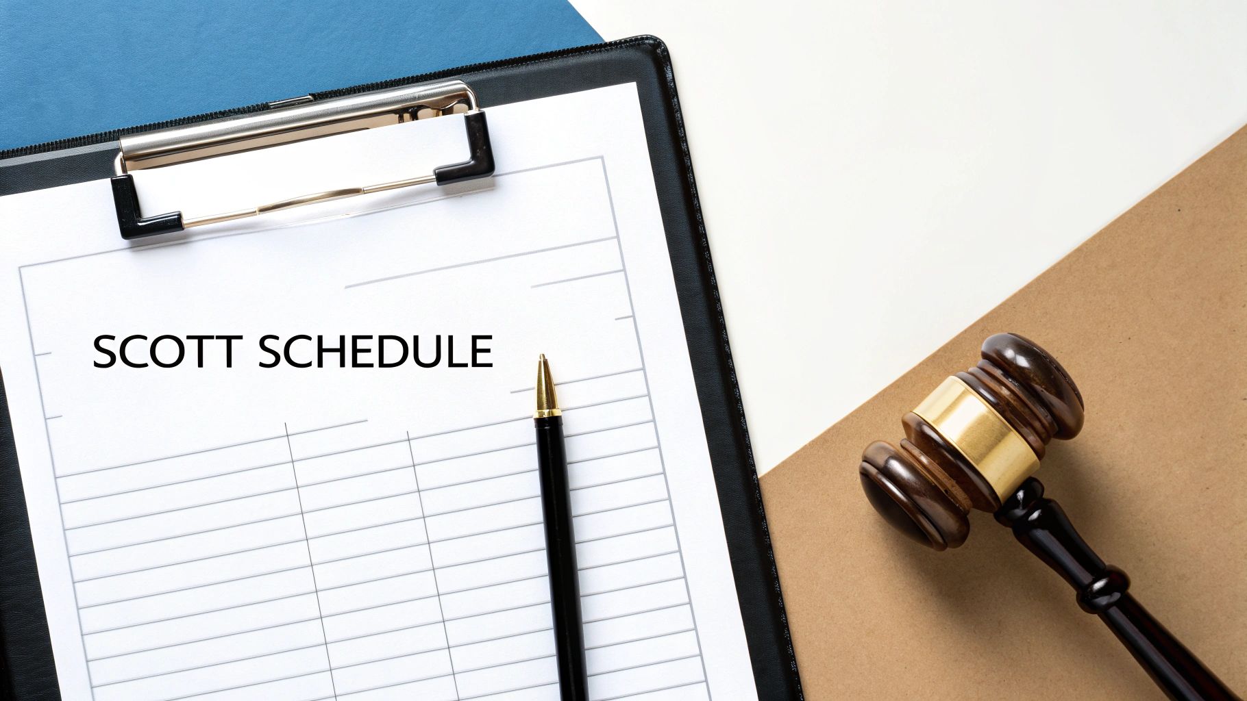 A close-up of a Scott Schedule document on a desk, with columns and text visible.