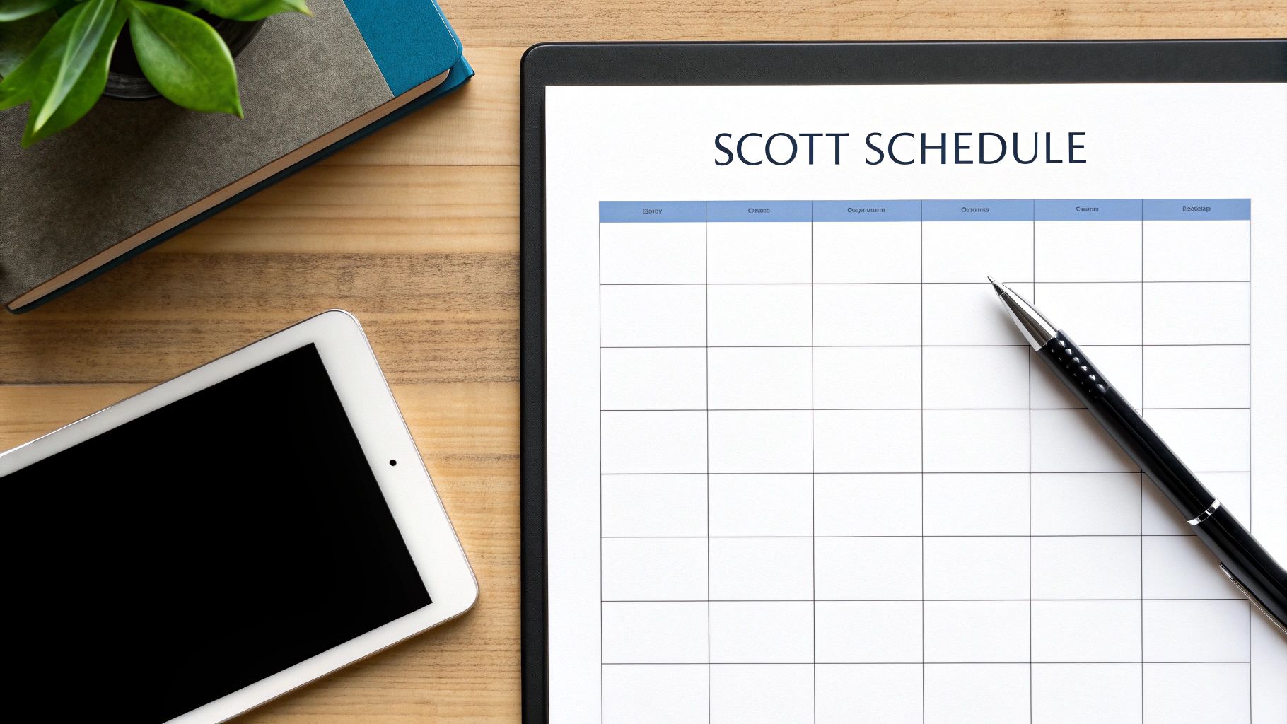 A flat lay of a wooden desk featuring a tablet with a 'Scott Schedule' document, a pen, and other office items.