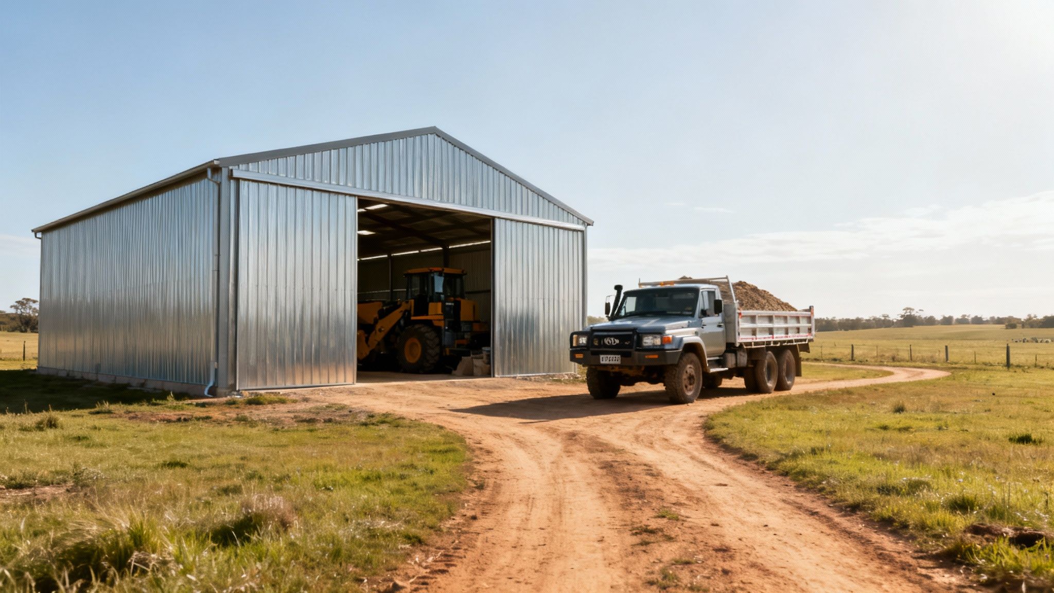 A large, newly constructed farm shed on a rural property in NSW.