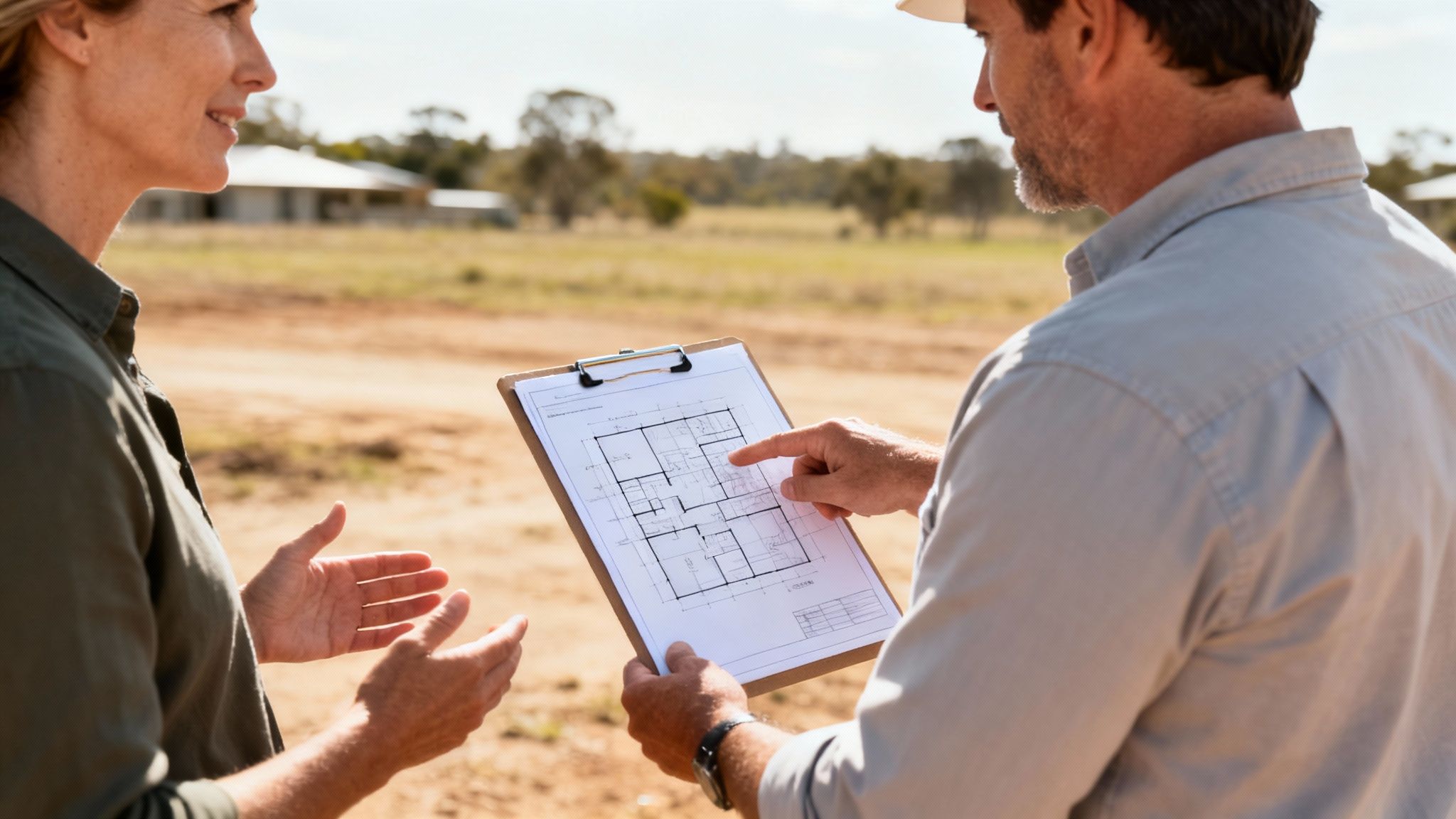 A person asking questions to a builder at a Dubbo construction site.