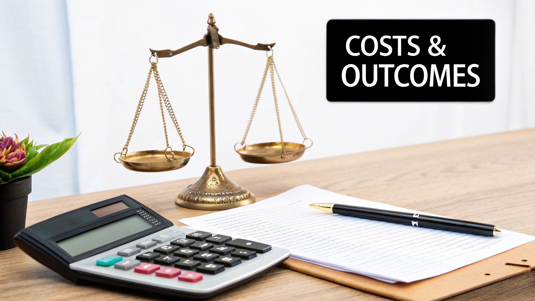 A desk setup with a calculator, legal scale, pen, and a sign reading 'COSTS & OUTCOMES'.
