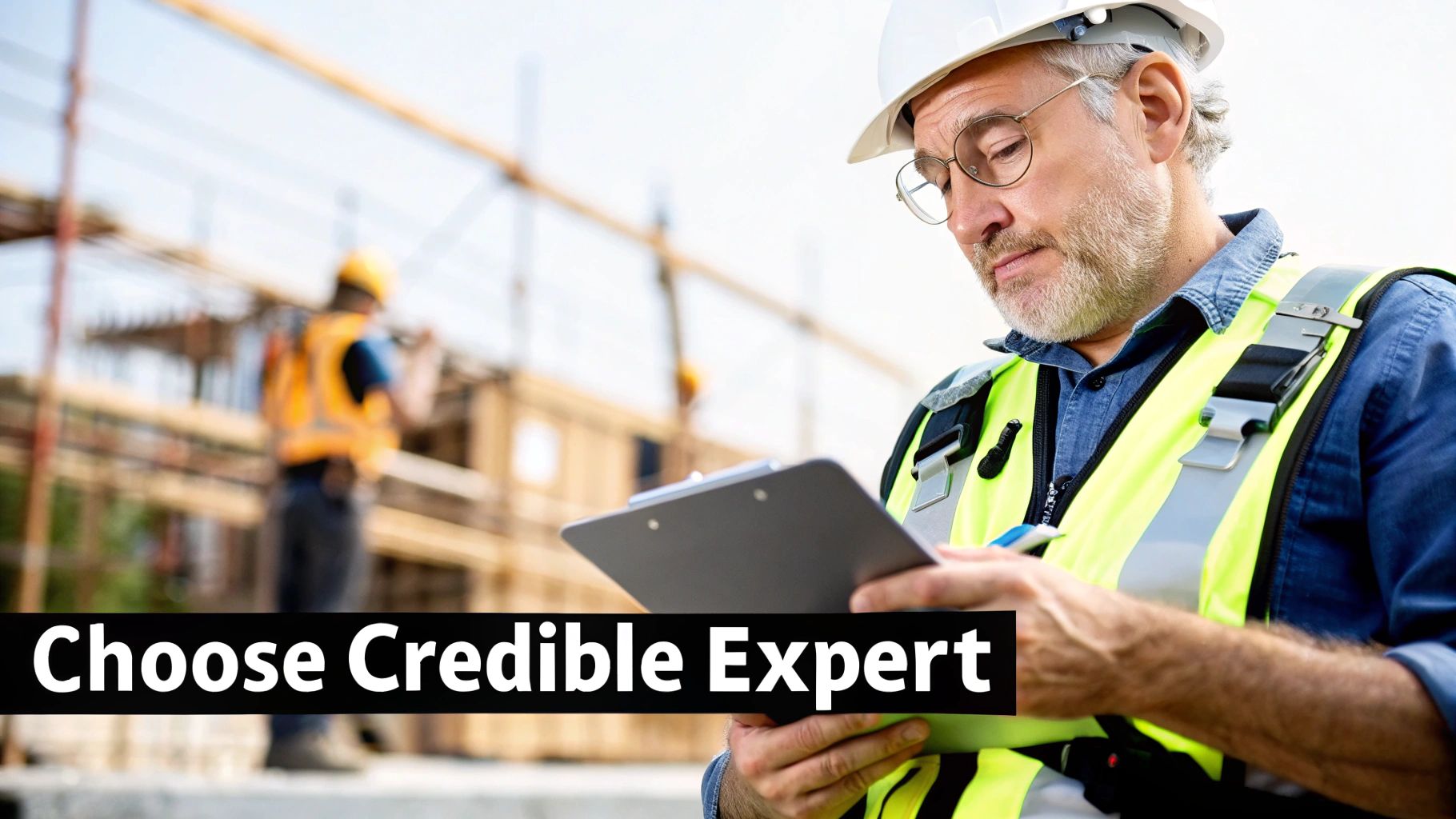 A construction manager in safety gear carefully inspects paperwork on a clipboard at a job site.