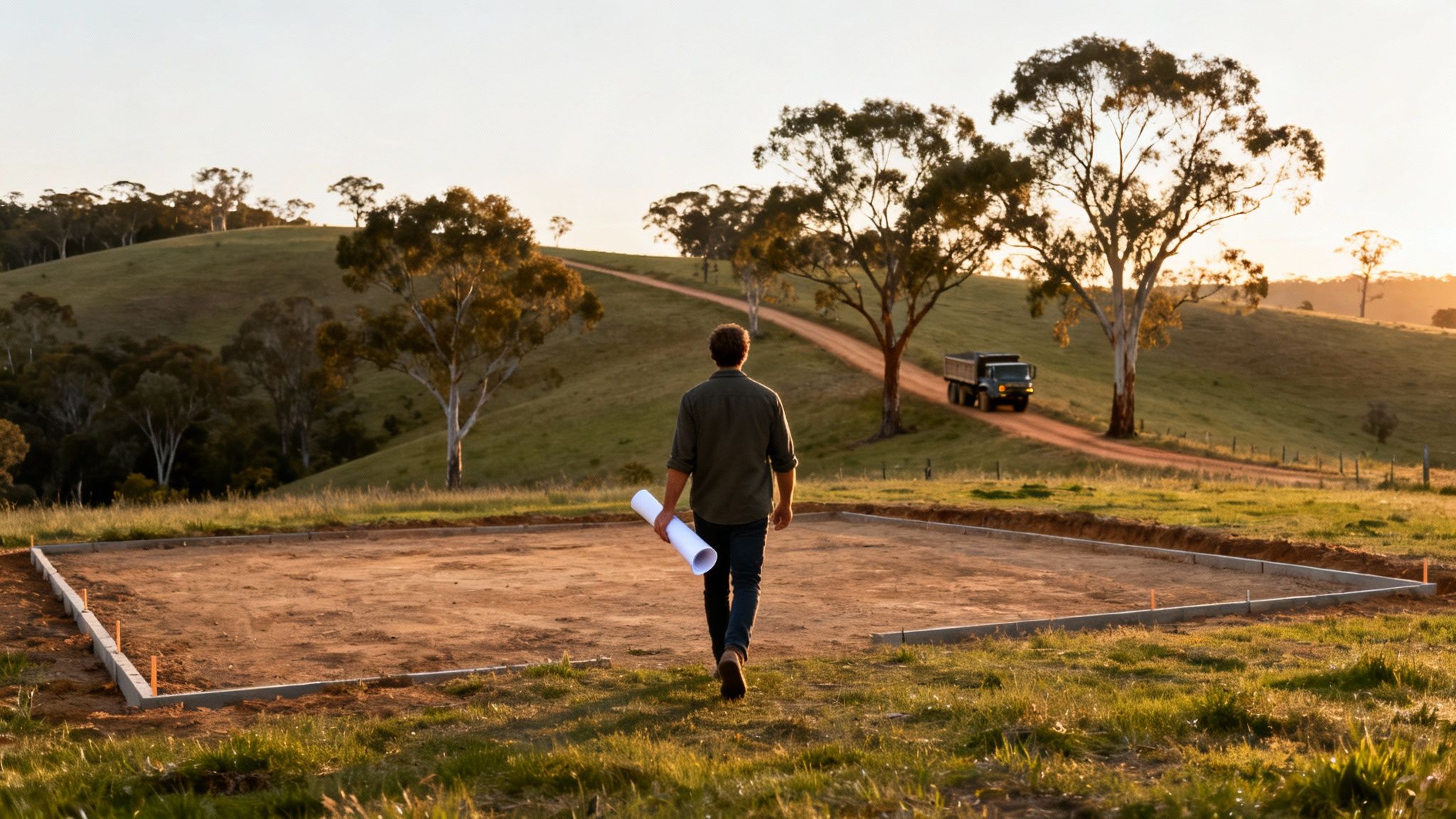 A man holding blueprints walks on a new house foundation in a rural area at sunset with a truck.